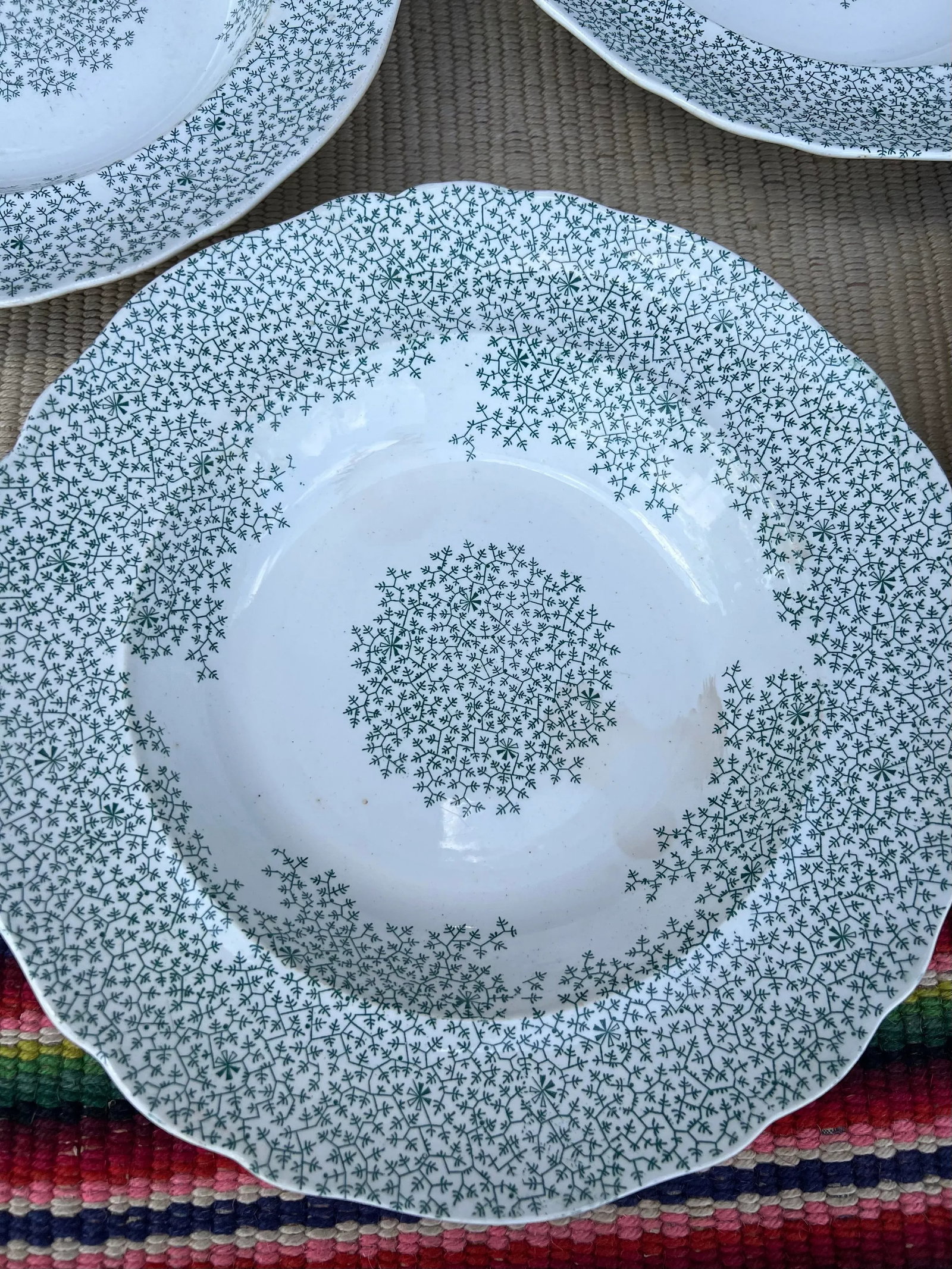 Circa 1830s Green Transferware Staffordshire Soup Plates, "Fibre" Pattern- Set of 7 - 5