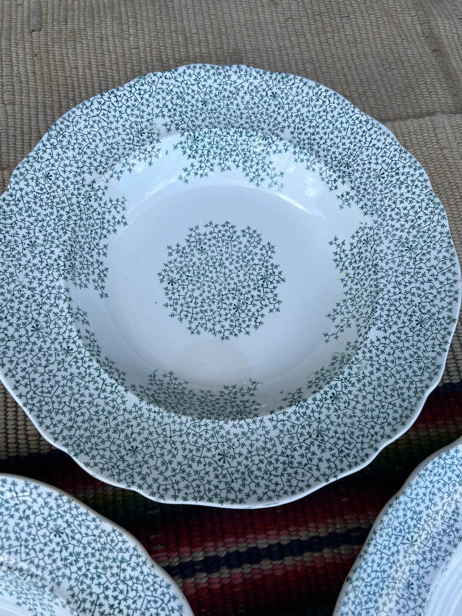 Circa 1830s Green Transferware Staffordshire Soup Plates, "Fibre" Pattern- Set of 7 - 6