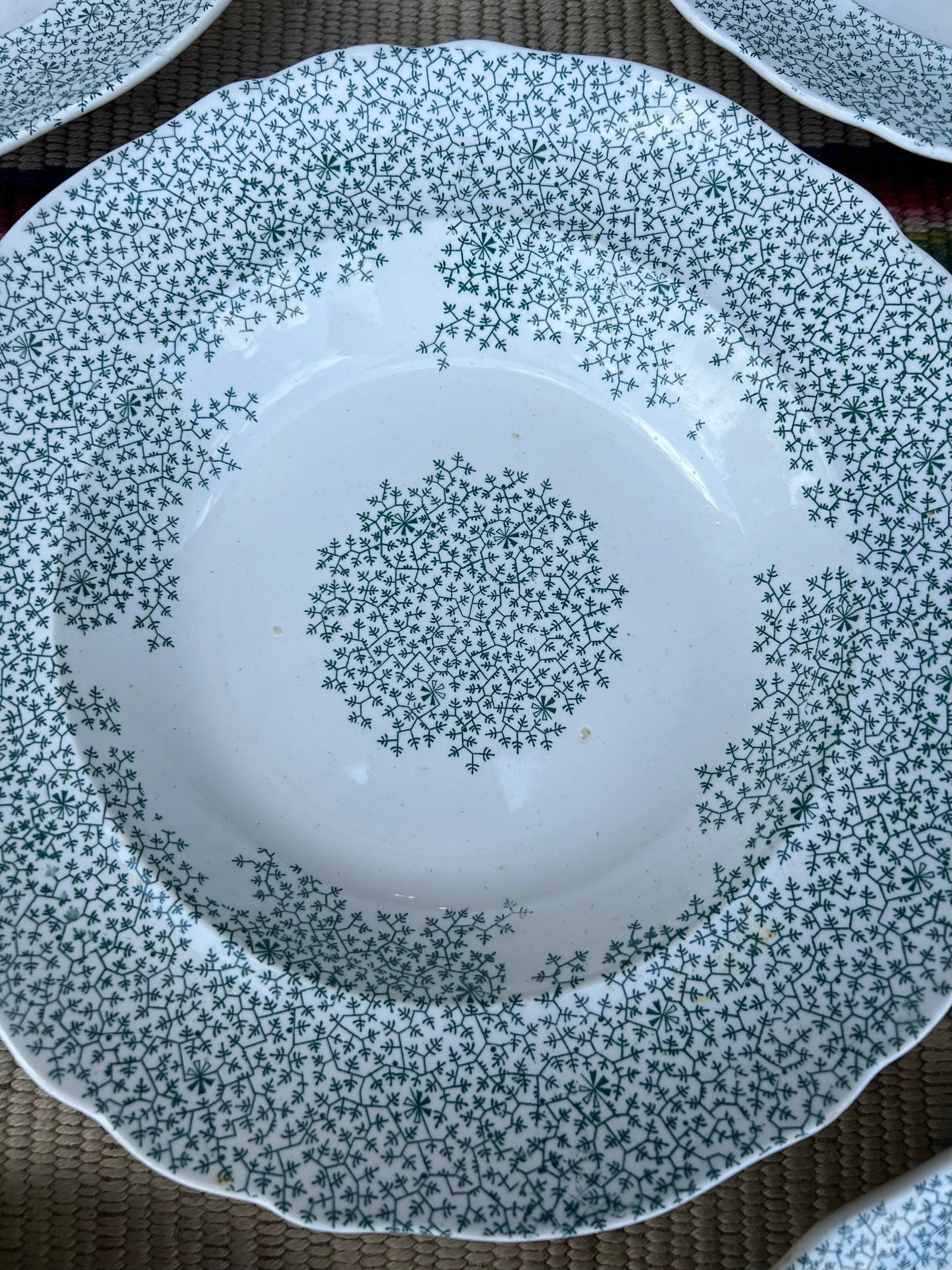 Circa 1830s Green Transferware Staffordshire Soup Plates, "Fibre" Pattern- Set of 7 - 7