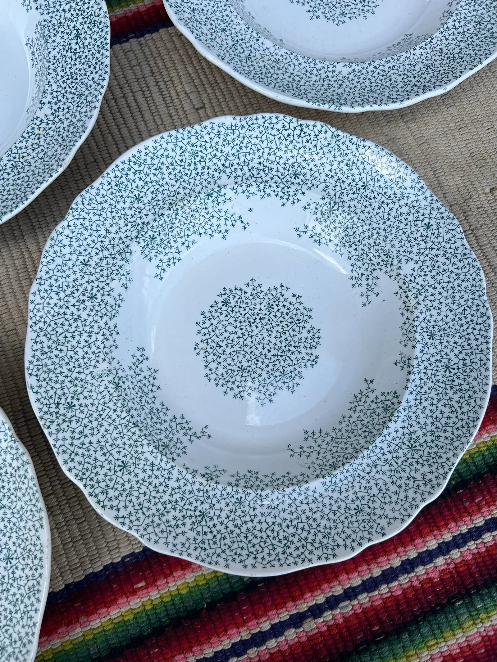 Circa 1830s Green Transferware Staffordshire Soup Plates, "Fibre" Pattern- Set of 7 - 8