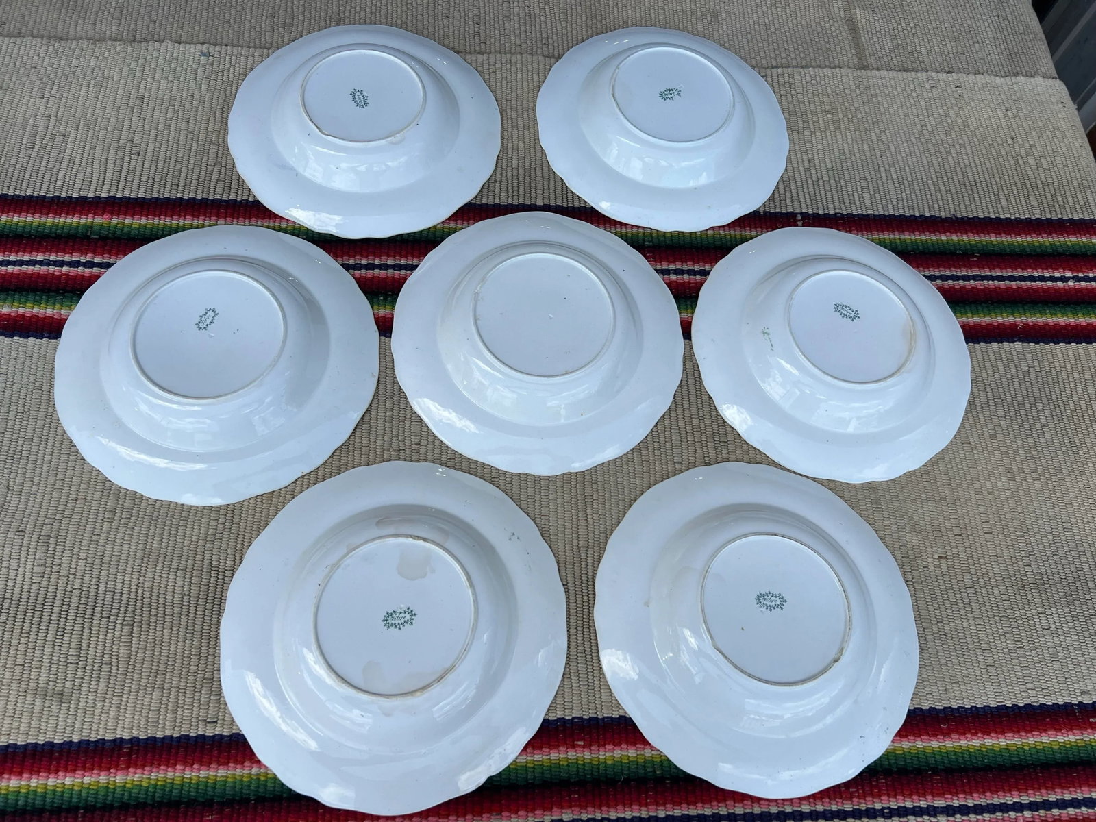 Circa 1830s Green Transferware Staffordshire Soup Plates, "Fibre" Pattern- Set of 7 - 9