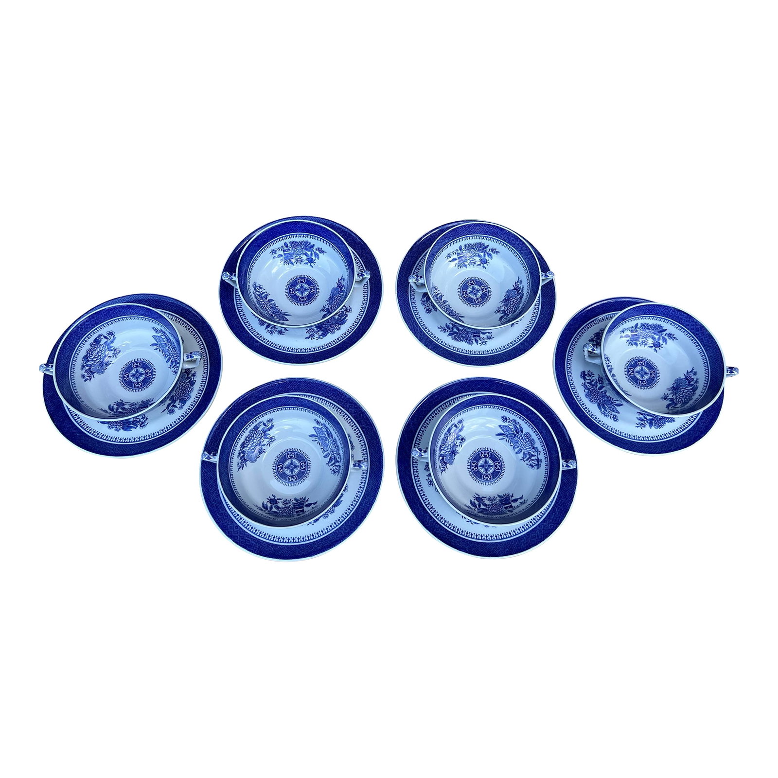 A Set of 6 Copeland Spode Fitzhugh Blue Cream Soup Bowls With Saucers, Circa 1960's: A Set of 6 Copeland Spode Fitzhugh Blue Cream Soup Bowls With Saucers, Circa 1960's Made in England, circa 1960's 6 cream soups dishes with 6 saucers Size: 6" by 7" and 2" tall Condition: Clean