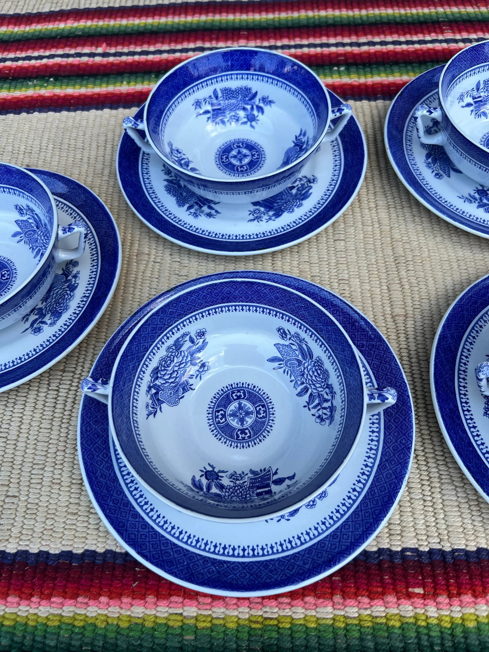A Set of 6 Copeland Spode Fitzhugh Blue Cream Soup Bowls With Saucers, Circa 1960's - 3
