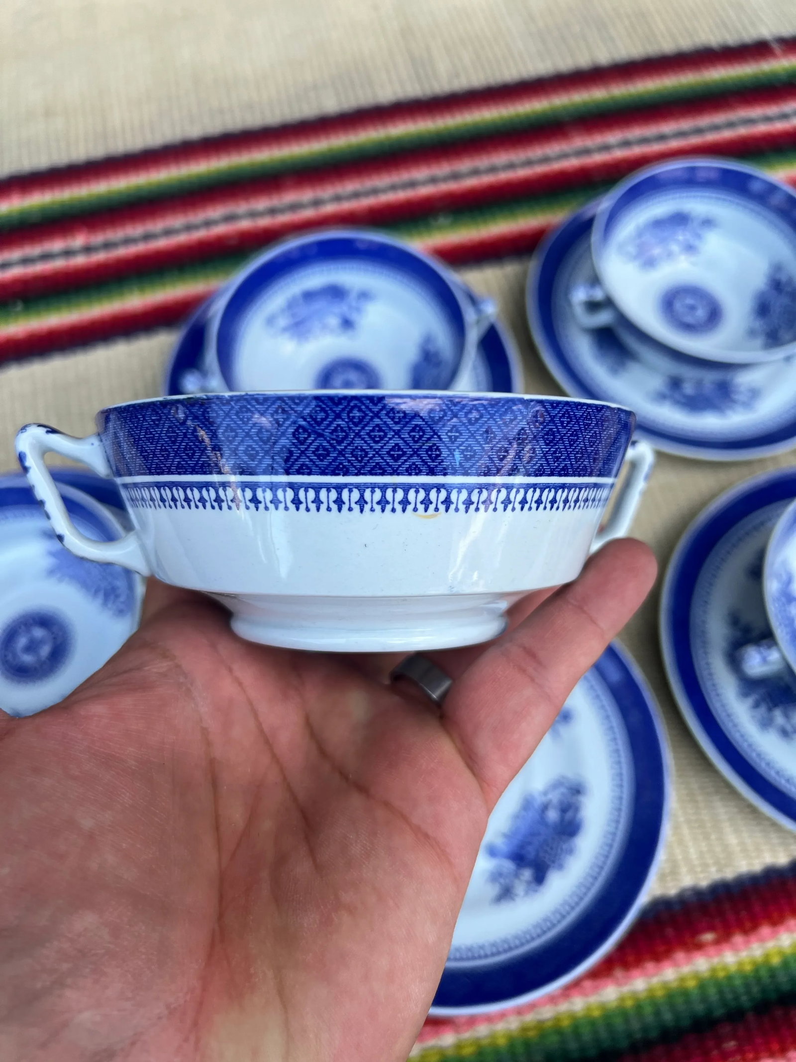 A Set of 6 Copeland Spode Fitzhugh Blue Cream Soup Bowls With Saucers, Circa 1960's - 4