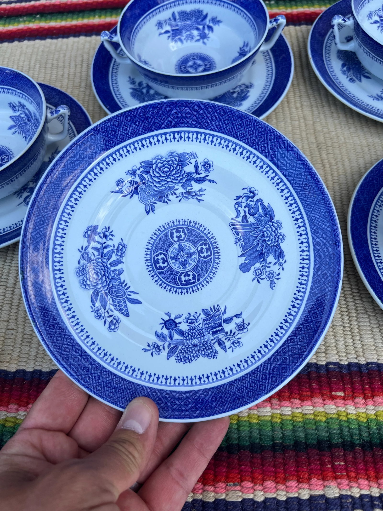 A Set of 6 Copeland Spode Fitzhugh Blue Cream Soup Bowls With Saucers, Circa 1960's - 8