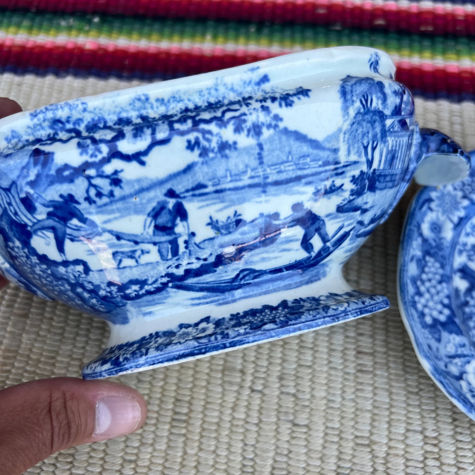 A Antique Pearlware Blue Transfer Decorated Sauce Tureen W/Lid and Tray. Circa 1820's - 10