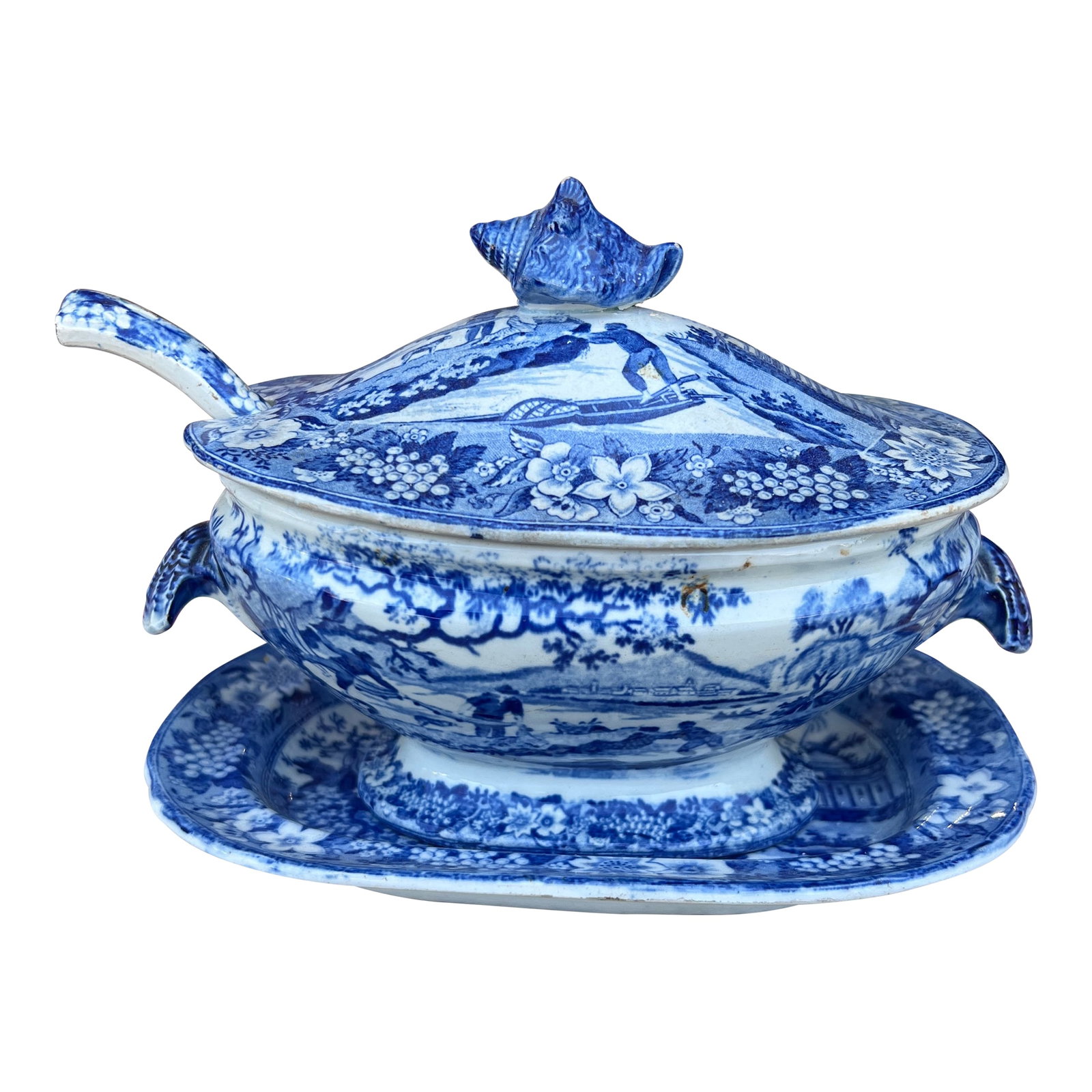 A Antique Pearlware Blue Transfer Decorated Sauce Tureen W/Lid and Tray. Circa 1820's (1 of 12)