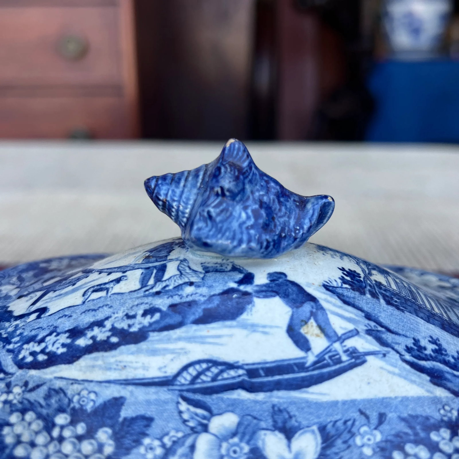 A Antique Pearlware Blue Transfer Decorated Sauce Tureen W/Lid and Tray. Circa 1820's - 2