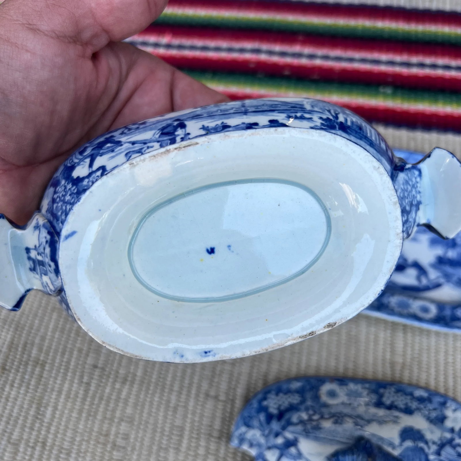 A Antique Pearlware Blue Transfer Decorated Sauce Tureen W/Lid and Tray. Circa 1820's - 9