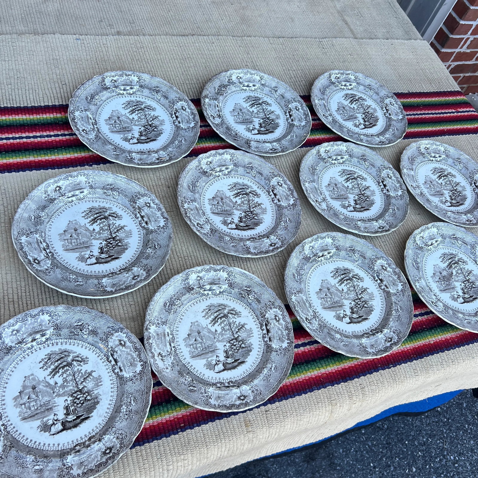 Circa 1850's Antique Brown Transfer Decorated Plates, "Verona", by Cork & Edge- Set of 11 - 12