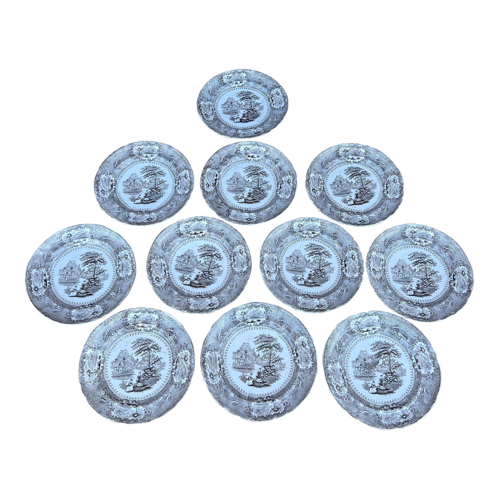 Circa 1850's Antique Brown Transfer Decorated Plates, "Verona", by Cork & Edge- Set of 11: A Set of 11 Antique Brown Transfer Decorated Plates, "Verona", by Cork & Edge, Circa 1850's By the Cork & Edge, or Queen Street, Burslem, Stoke-on Trent, England Verona was one of the specific