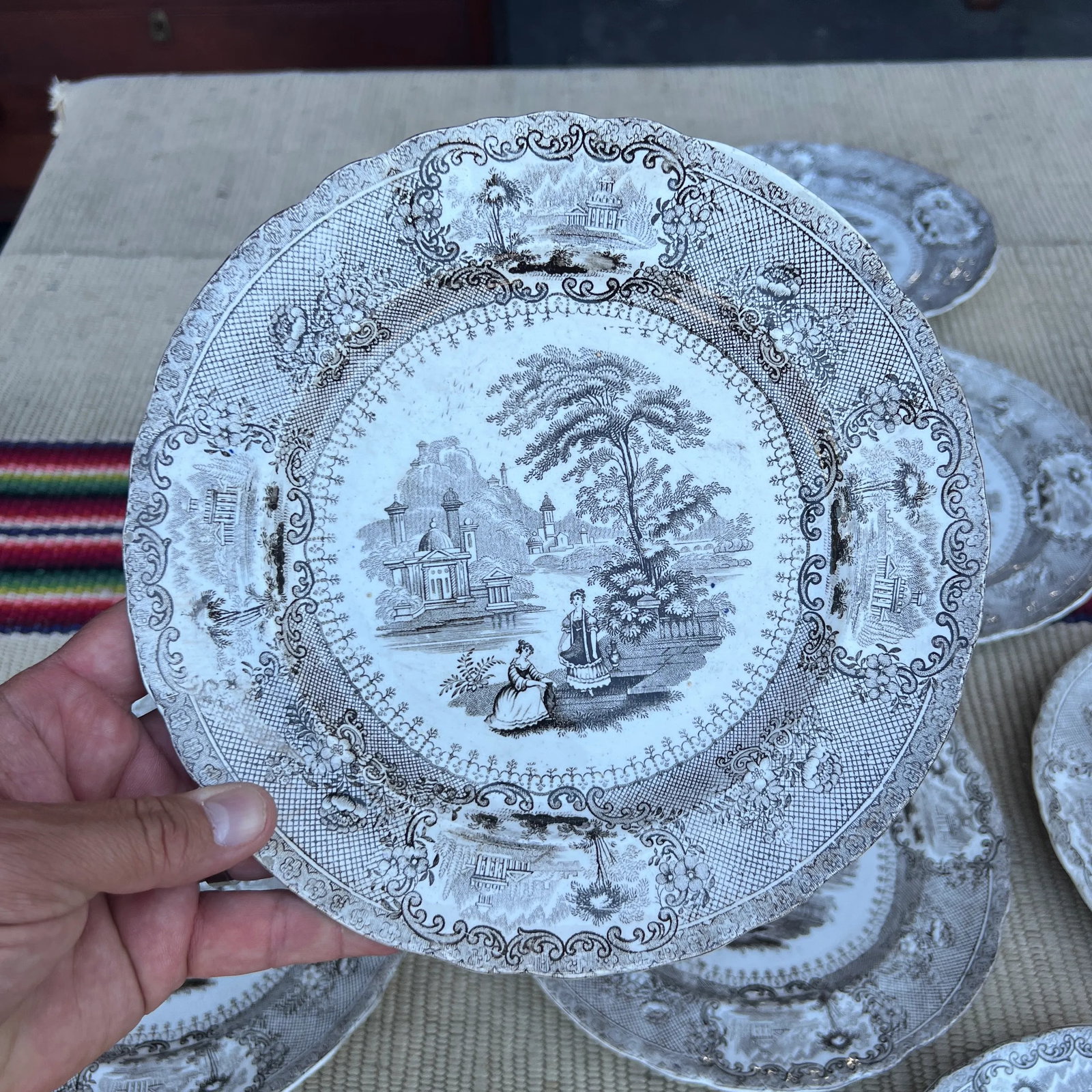 Circa 1850's Antique Brown Transfer Decorated Plates, "Verona", by Cork & Edge- Set of 11 - 8