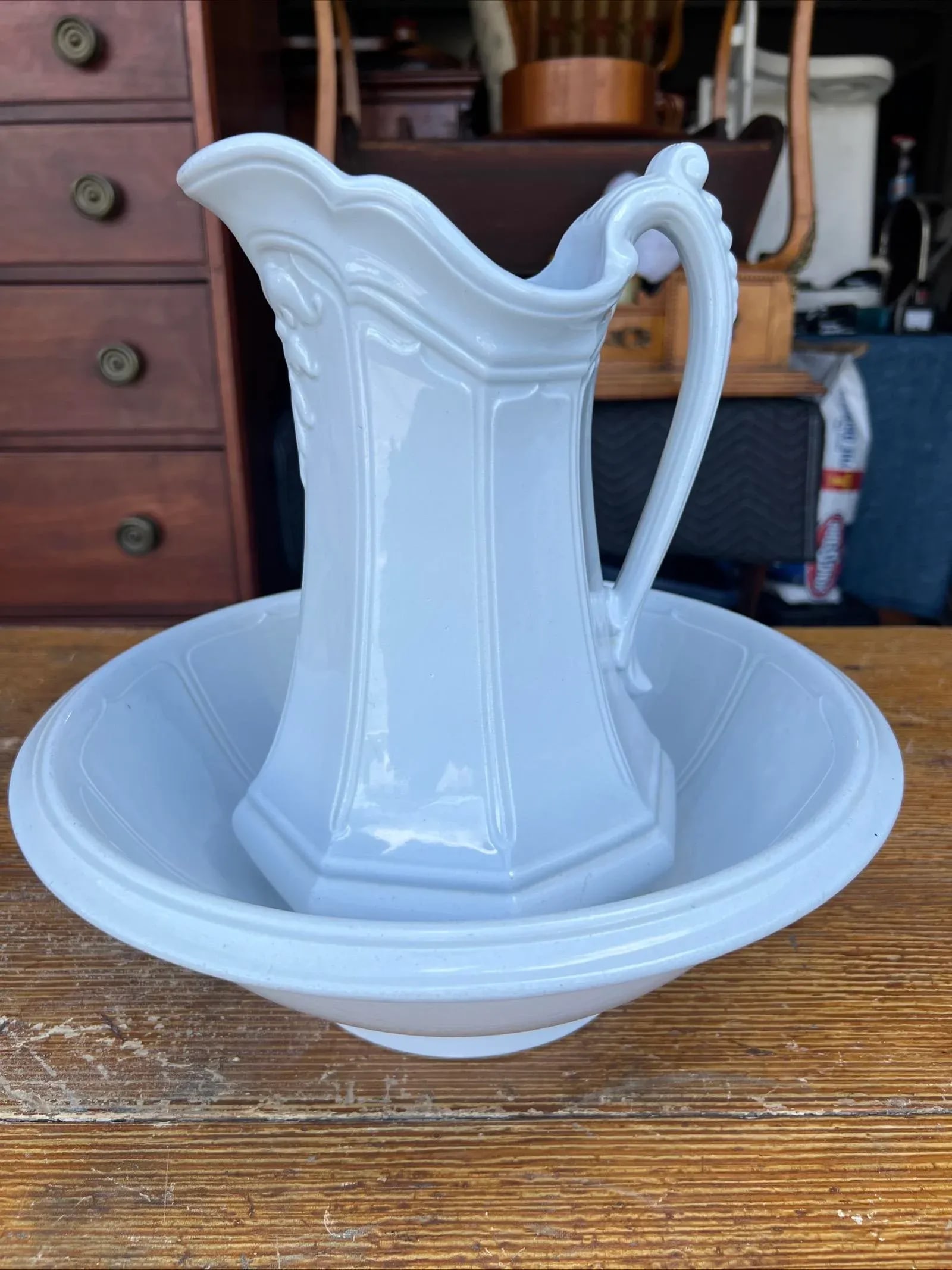 Antique Staffordshire White Ironstone Girard Shape Pitcher & Bowl Set, Circa 1840s - 15