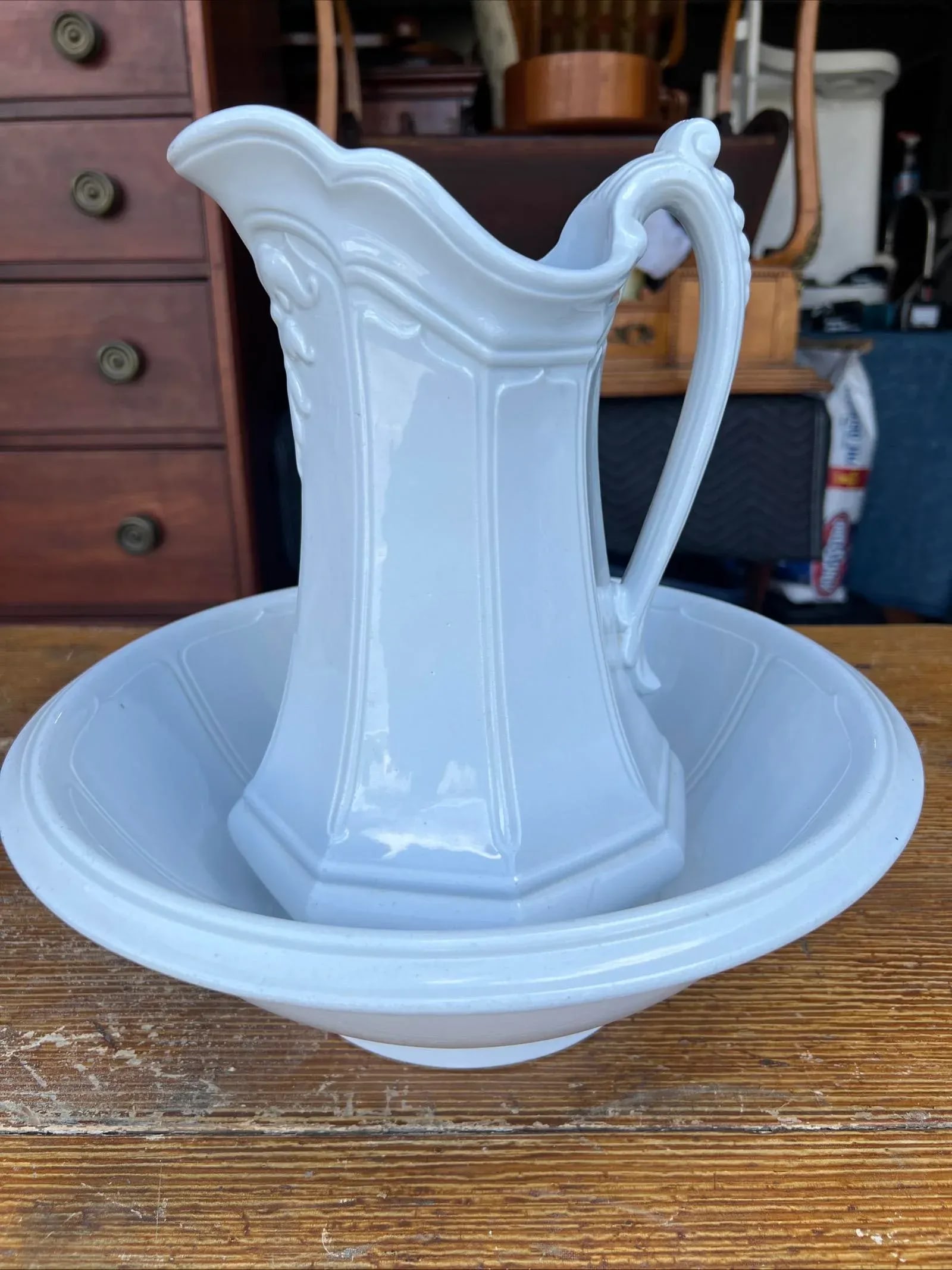 Antique Staffordshire White Ironstone Girard Shape Pitcher & Bowl Set, Circa 1840s - 16