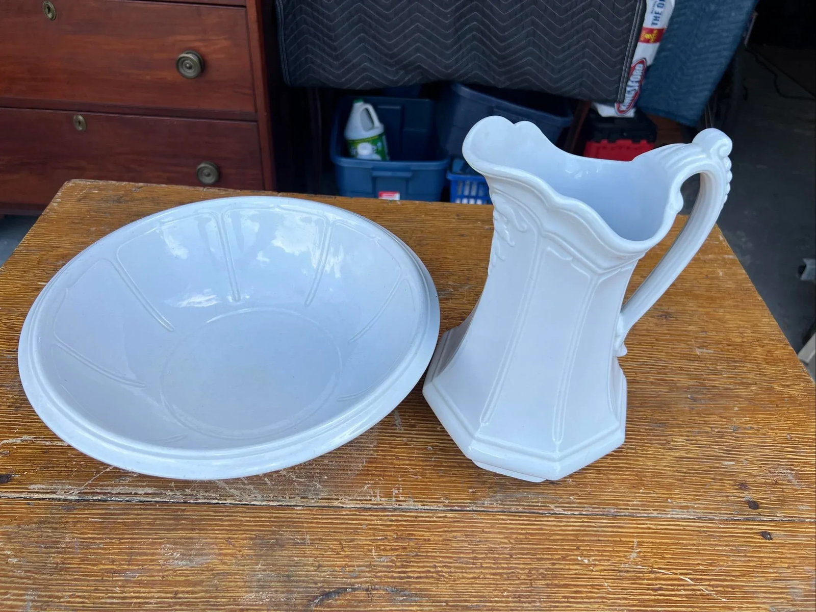 Antique Staffordshire White Ironstone Girard Shape Pitcher & Bowl Set, Circa 1840s - 17