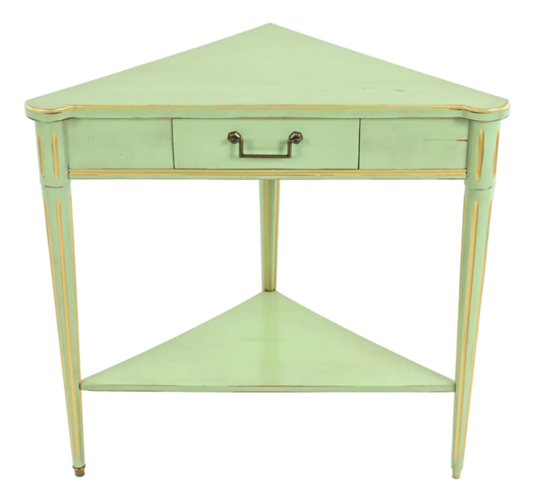 Grange France French Provicincial Seafoam Green Triangular End Table With Drawer, 2000s. (1 of 6)