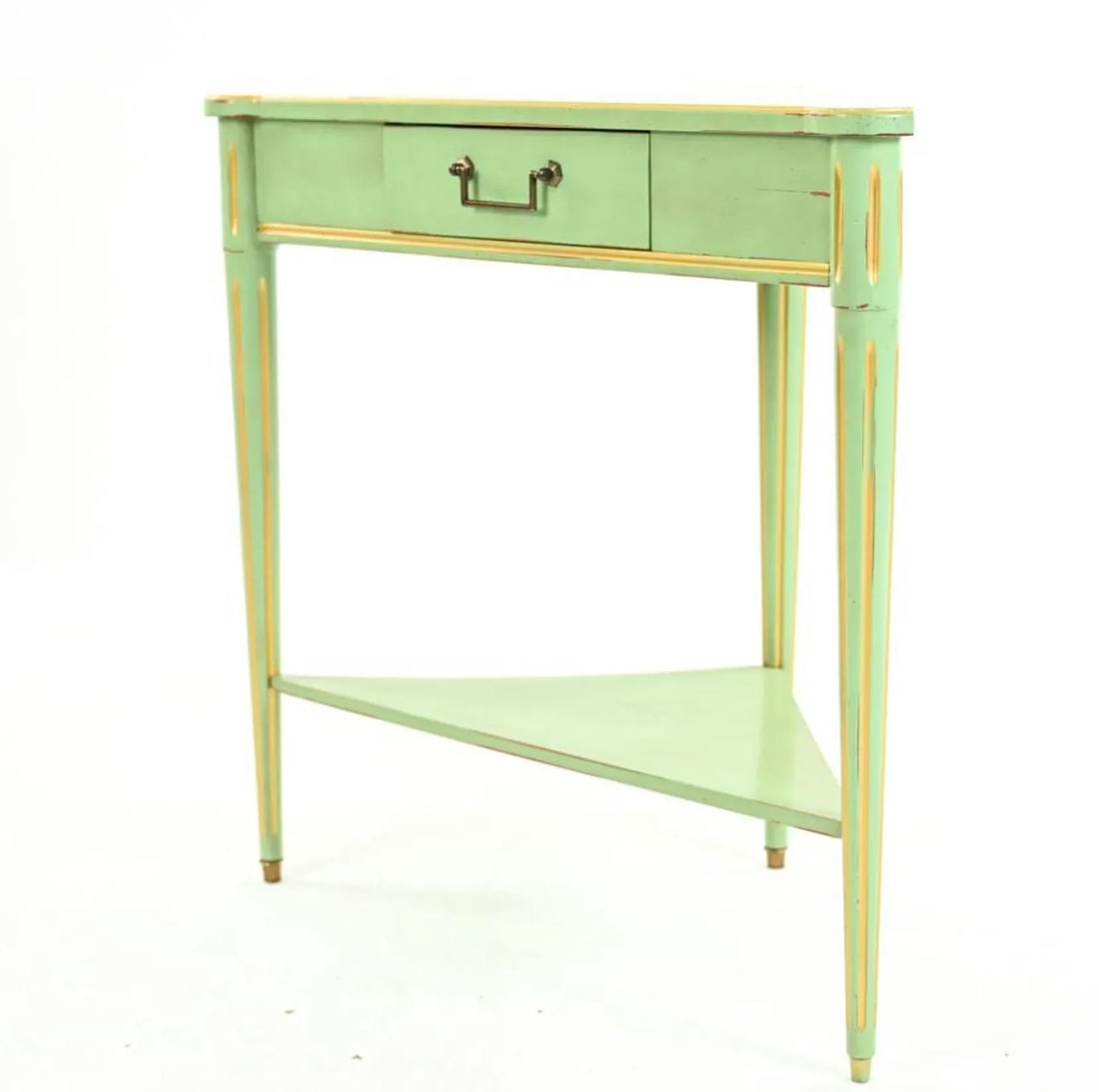 Grange France French Provicincial Seafoam Green Triangular End Table With Drawer, 2000s. - 2