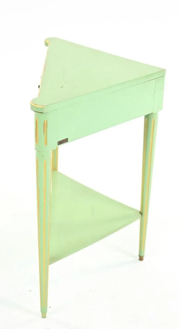 Grange France French Provicincial Seafoam Green Triangular End Table With Drawer, 2000s. - 3