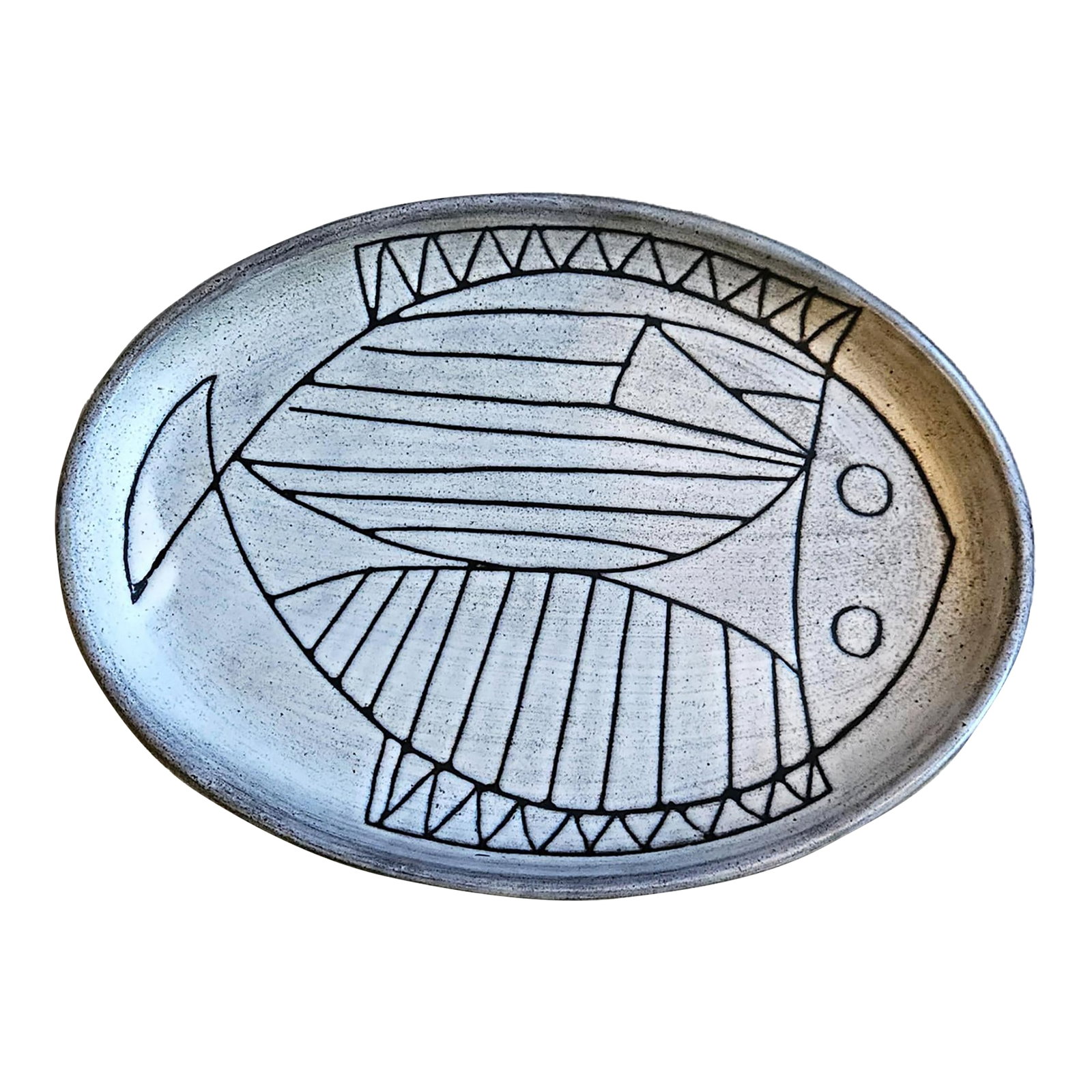 Mid-Century Modern Jacques Pouchain Large Oval Platter With Stylized Fish Motif: Jacques Pouchain (French, 1925-2005) Large Oval Platter with Stylized Fish Motif circa 1960 Incised and glazed stoneware 14 1/2 inches x 7 1/2 inches x 1 3/4 inches L'Atelier Dieulefit, France A