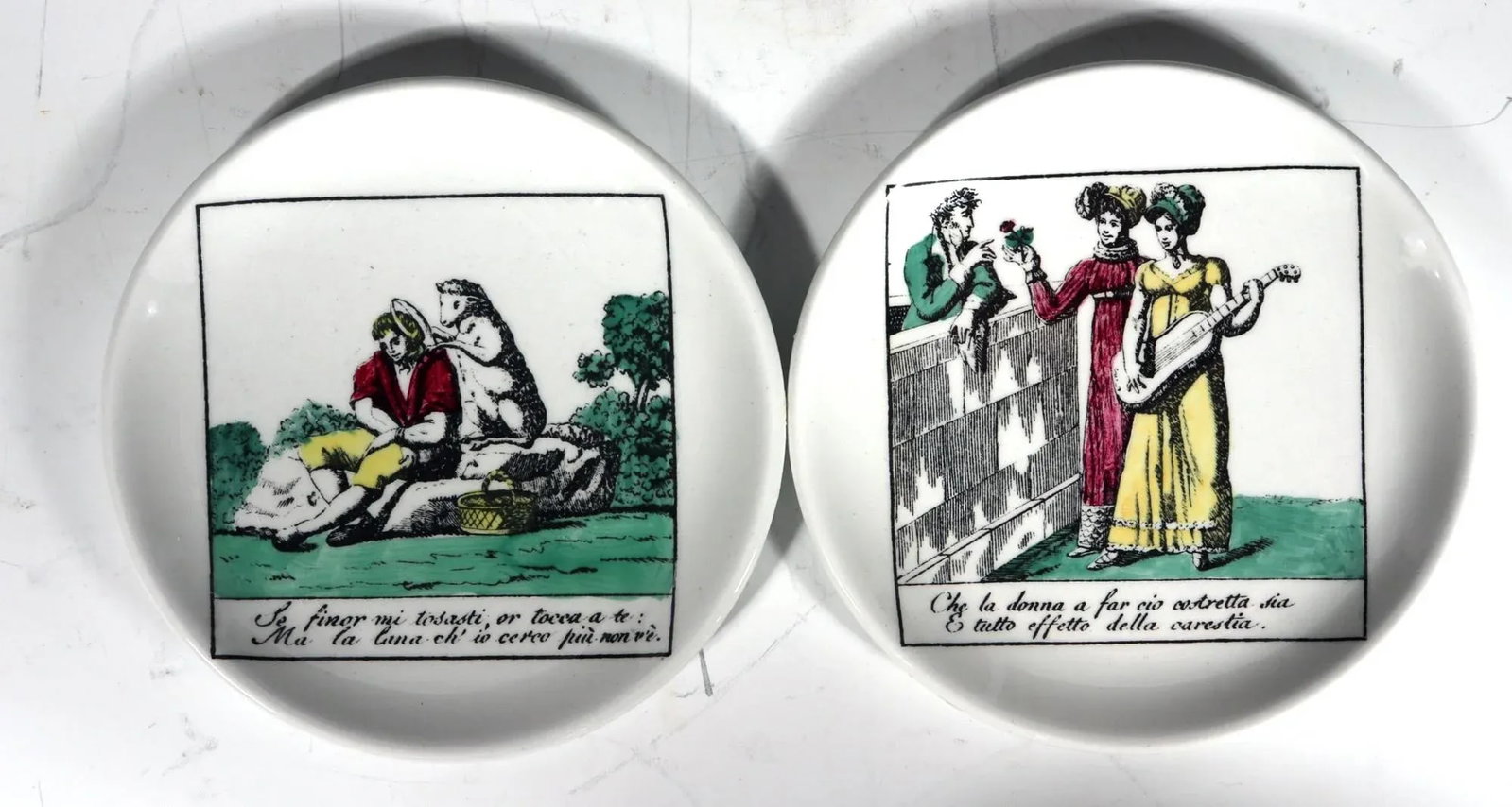 Piero Fornasetti Complete Set of Eight Ceramic Coasters, Il Mondo Alla Rovecia Pattern, ("The Tops - 3