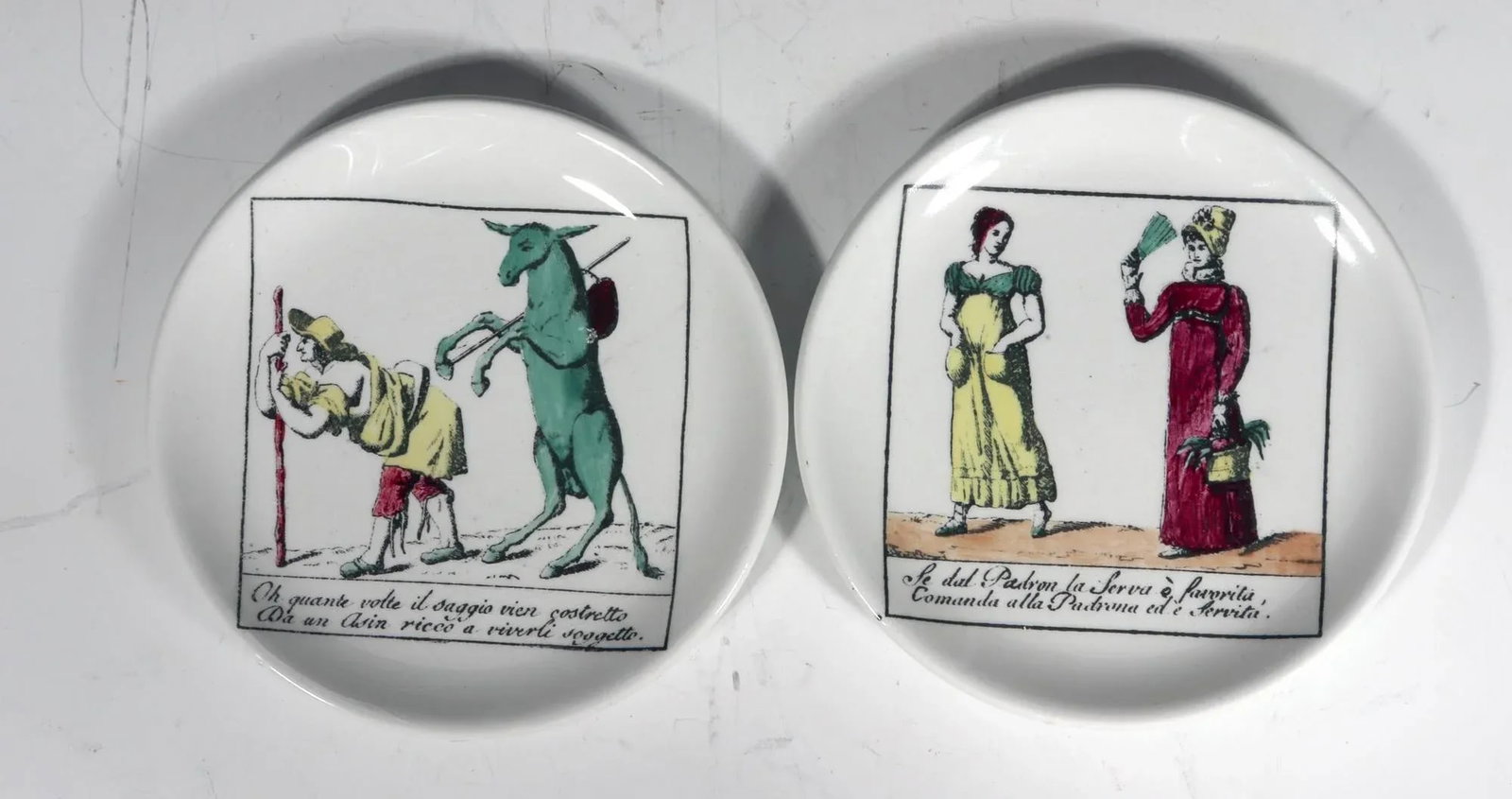 Piero Fornasetti Complete Set of Eight Ceramic Coasters, Il Mondo Alla Rovecia Pattern, ("The Tops - 4