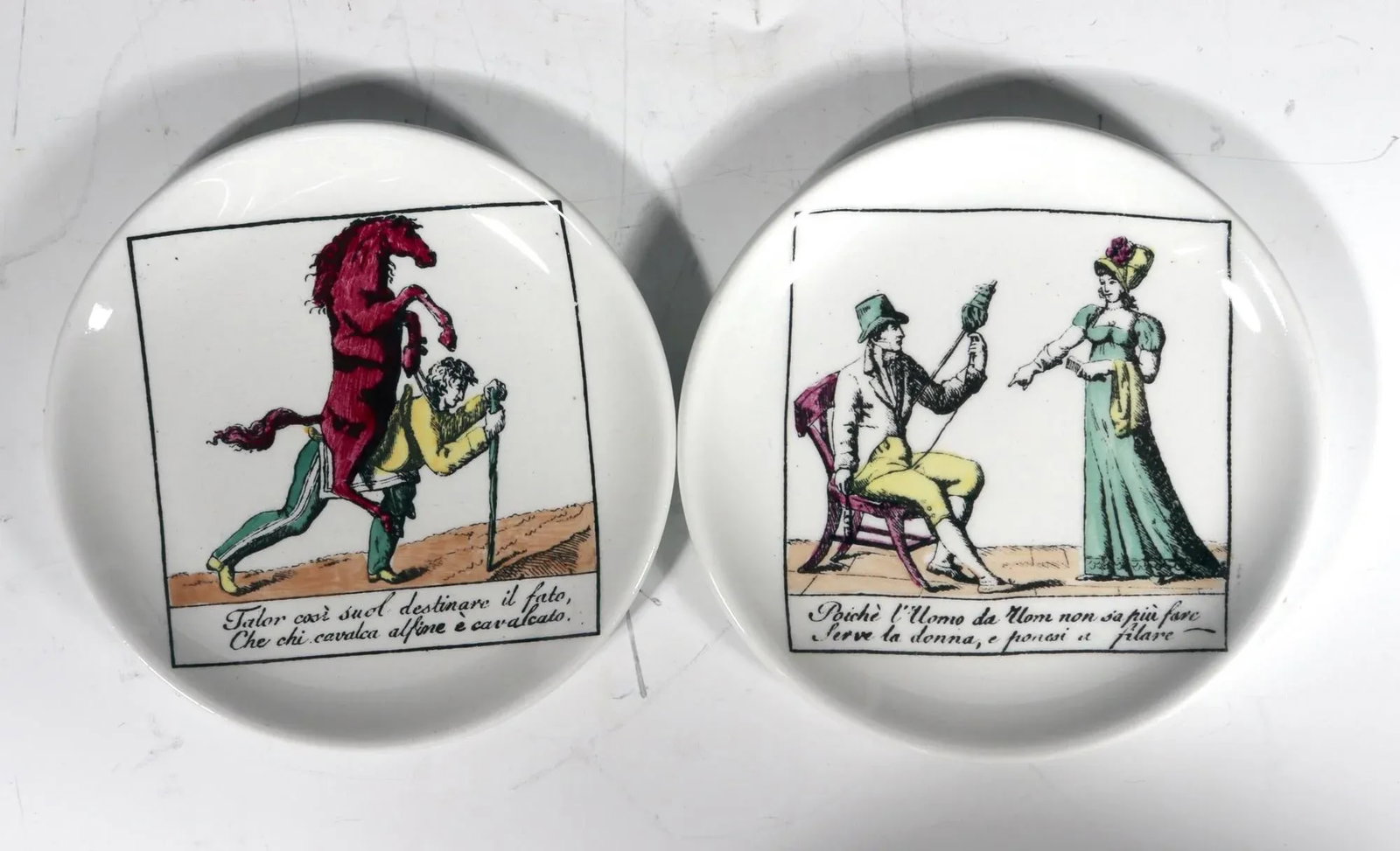 Piero Fornasetti Complete Set of Eight Ceramic Coasters, Il Mondo Alla Rovecia Pattern, ("The Tops - 5