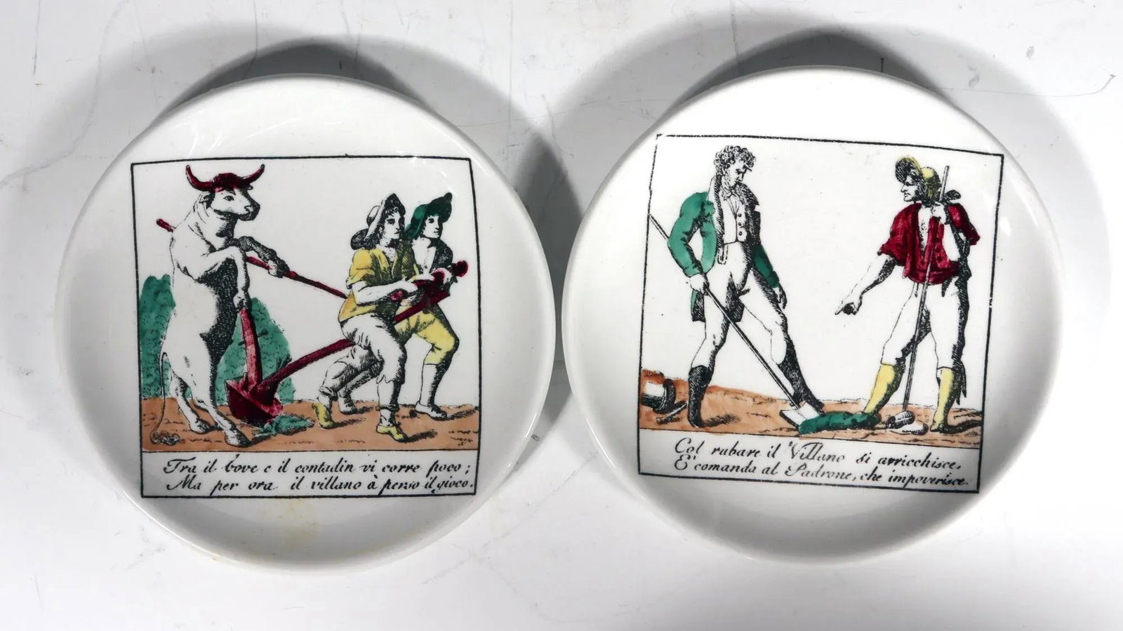 Piero Fornasetti Complete Set of Eight Ceramic Coasters, Il Mondo Alla Rovecia Pattern, ("The Tops - 6