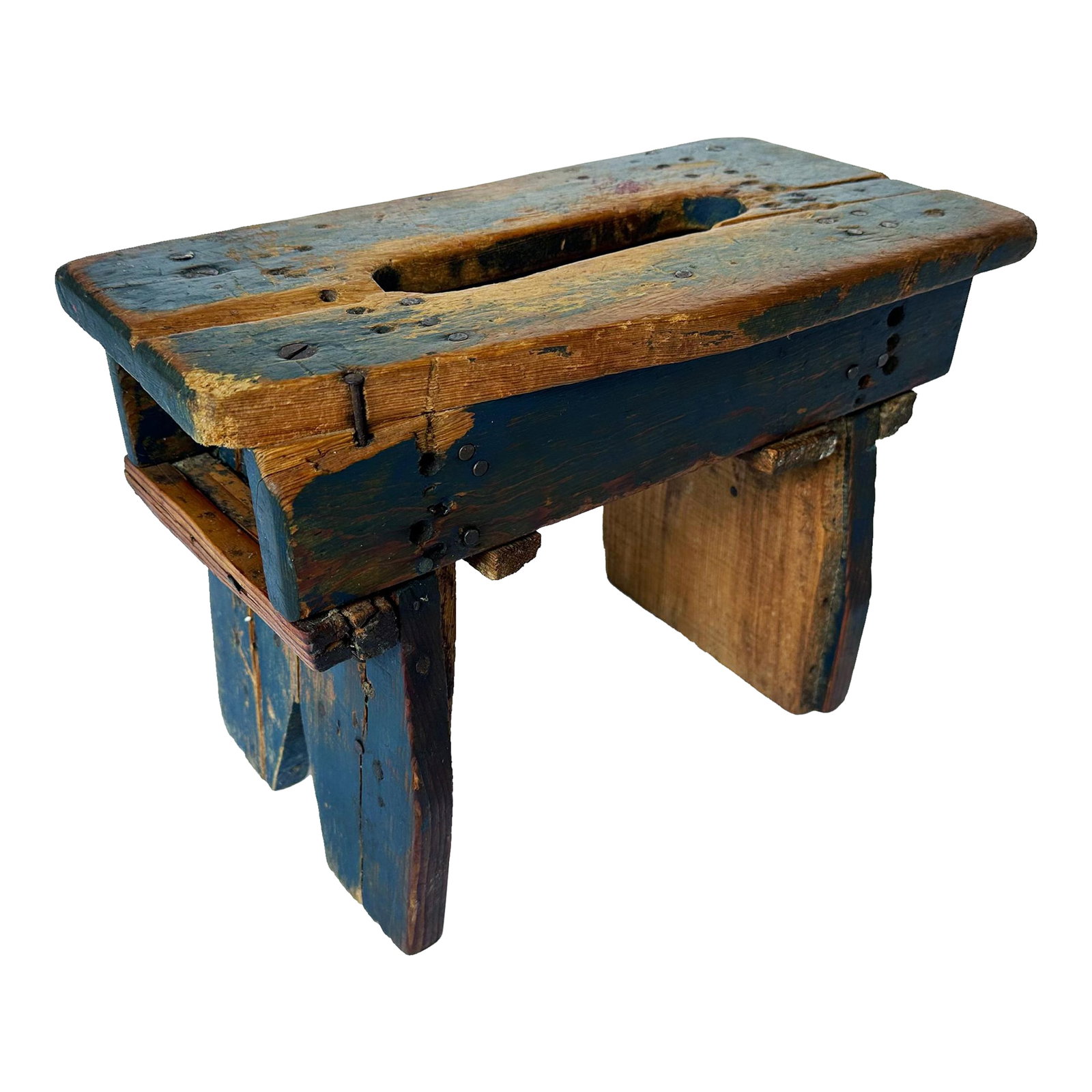 Antique Blue Primitive Milking Stool Early 20th Century: This small, primitive antique blue wooden milking stool is a great addition to a rustic cottage, cabin, or farmhouse décor. The distressed patina of this piece brings character and charm to a