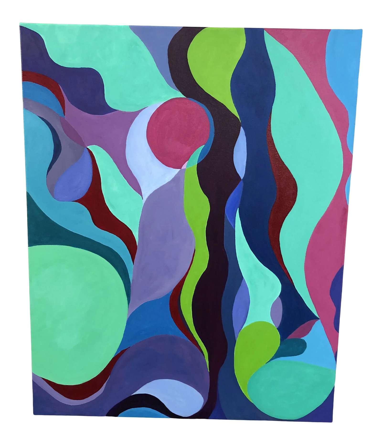 Abstract Original Painting in Fuchsia and Turquoise: A striking abstract painting emphasizing a sensual unpredictable composition of squiggly forms having a delicious palette of fuschia, turquoise, acid green, blues and purples. By well known Princeton