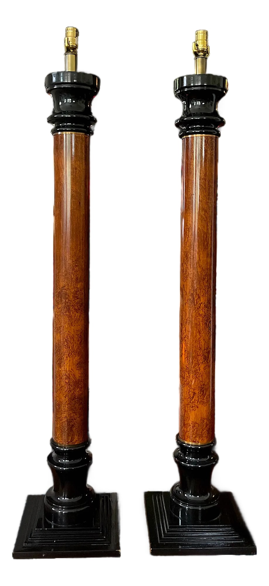 1990s Monumental Neoclassical Style Column Floor Lamps – Wood With Black Lacquered Base and: A striking pair of column-form floor lamps. Standing over 52" tall, each lamp is crafted with a richly grained wood shaft and accented by glossy ebonized bases and capitals, with subtle brass