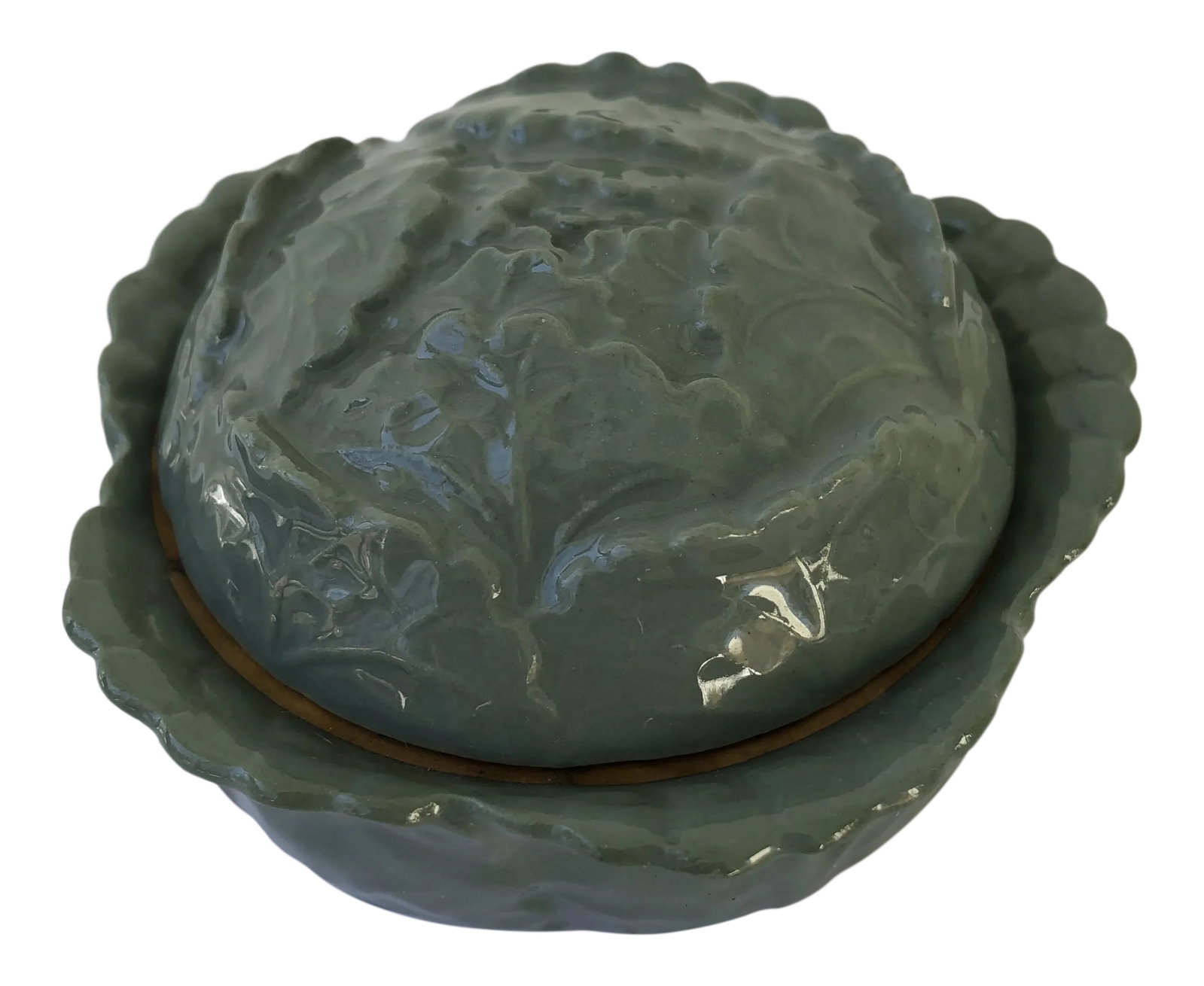 1960s Cabbage Form Small Limoges Lidded Pin or Jewelry Box: Pretty dusty green hand-painted cabbage form Limoges porcelain lidded jewelry or pin box. Interior edge rimmed in gold. Condition: Alterations: Original Condition Unaltered Imperfections: Some
