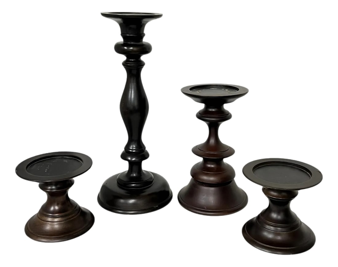 Vintage Pottery Barn Turned Wood Pillar Candle Holders Made in India - Set of 4: Set of 4 vintage Pottery Barn wood turned pillar candleholders. Height measurements are 17", 10.5" & 5.5". Bases measure 7", 6.5" & 5.5" diameter. The tallest will hold a 3" diameter candle. The