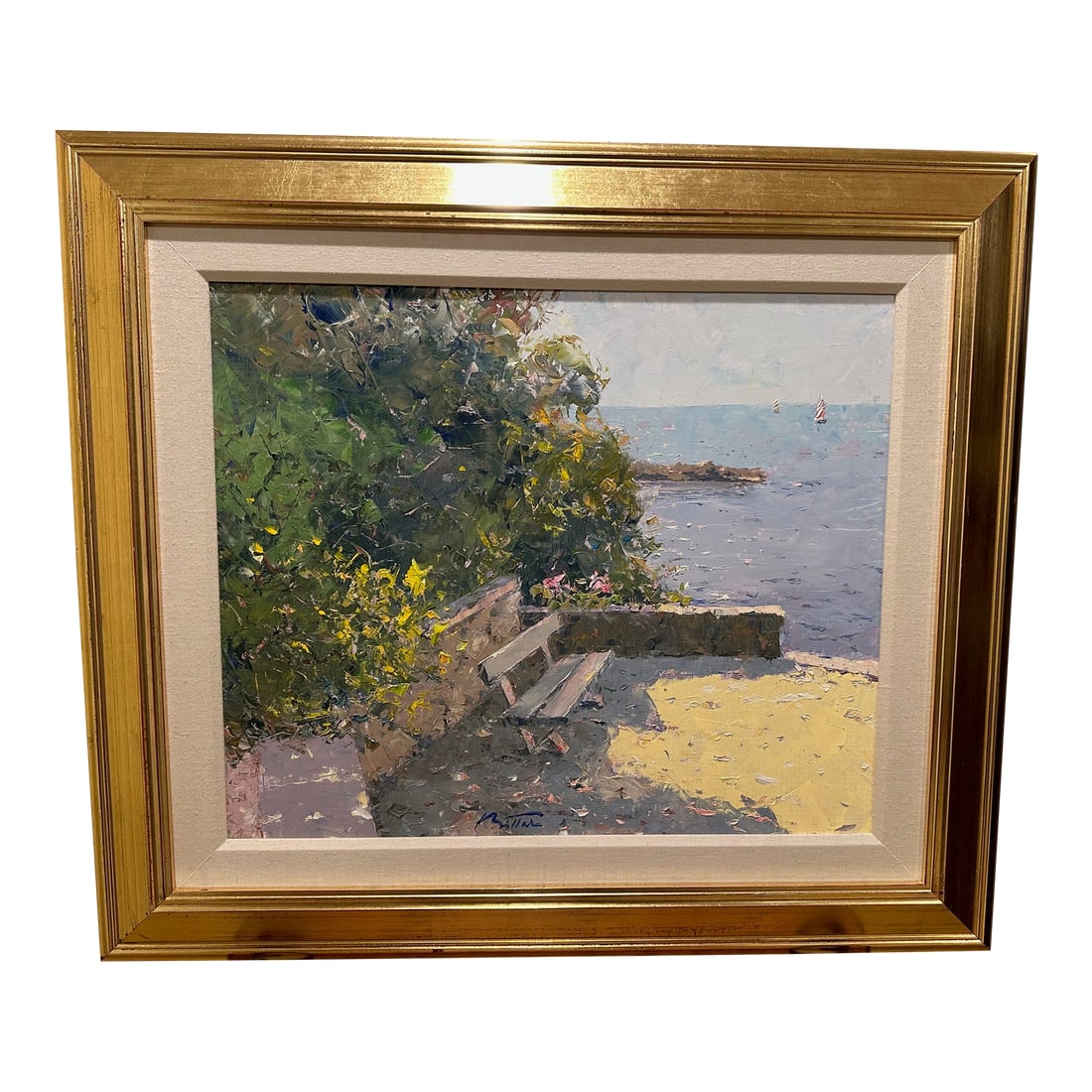 Impressionist Original Painting of a Bench by the Sea by Pierre Bittar: Beautifully rendered painterly original on canvas of a bench overlooking the sea, having masterful impasto and impressionist light. Signed lower right, Pierre Bittar. Canvas: 24" W x 20" H Seip