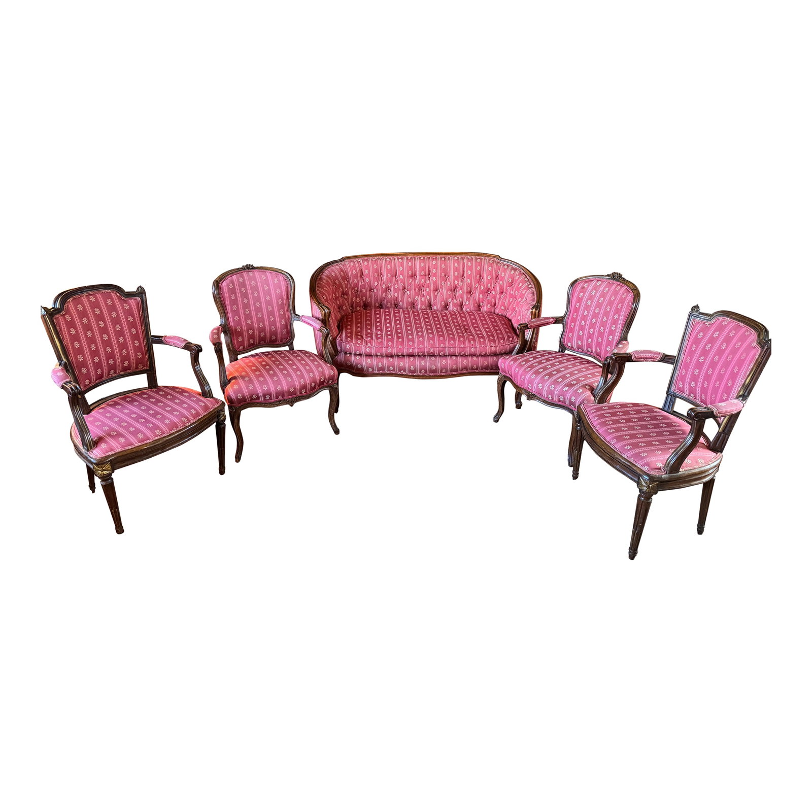 5-Piece Antique French Salon Suite "” Settee & Bergère Chairs, Red Upholstery: Striking 5-piece antique French salon suite from the late 19th century, comprising a carved walnut canapé (settee) and four bergère armchairs. The set reflects a refined blend of Louis XV an