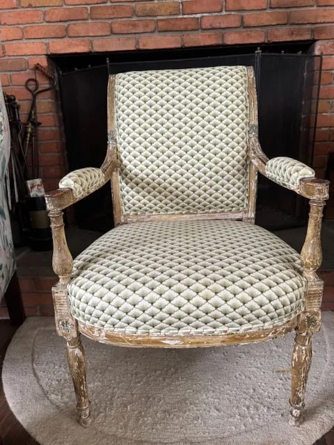 Pair of Antique French Louis XVI–Style Bergère Chairs, Green & White Striped Upholstery - 2