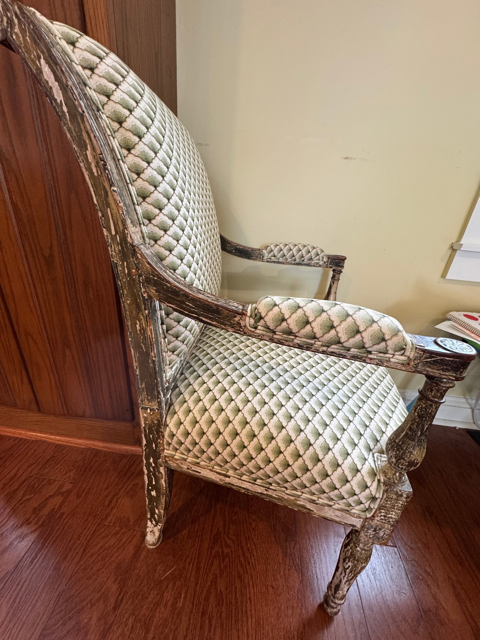Pair of Antique French Louis XVI–Style Bergère Chairs, Green & White Striped Upholstery - 6