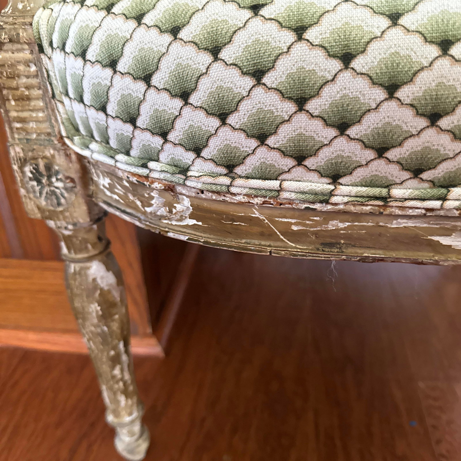 Pair of Antique French Louis XVI–Style Bergère Chairs, Green & White Striped Upholstery - 8