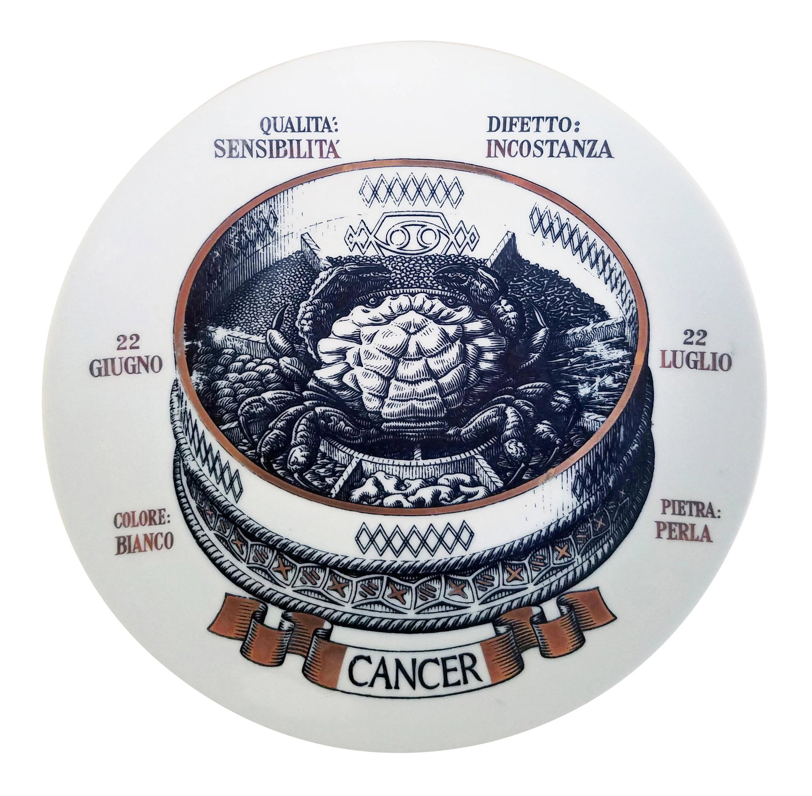 Piero Fornasetti Astrological Zodiac Plate, Cancer, Gli Zodiaci Farmacope: Zodiac of the Apothecary: Fornasetti Plate for Cancer Object: Decorative Plate (No. 8 of the series) Designer: Piero Fornasetti Commission: Crinos S.p.A. (Italian Pharmaceutical Company) Series: Gli Z