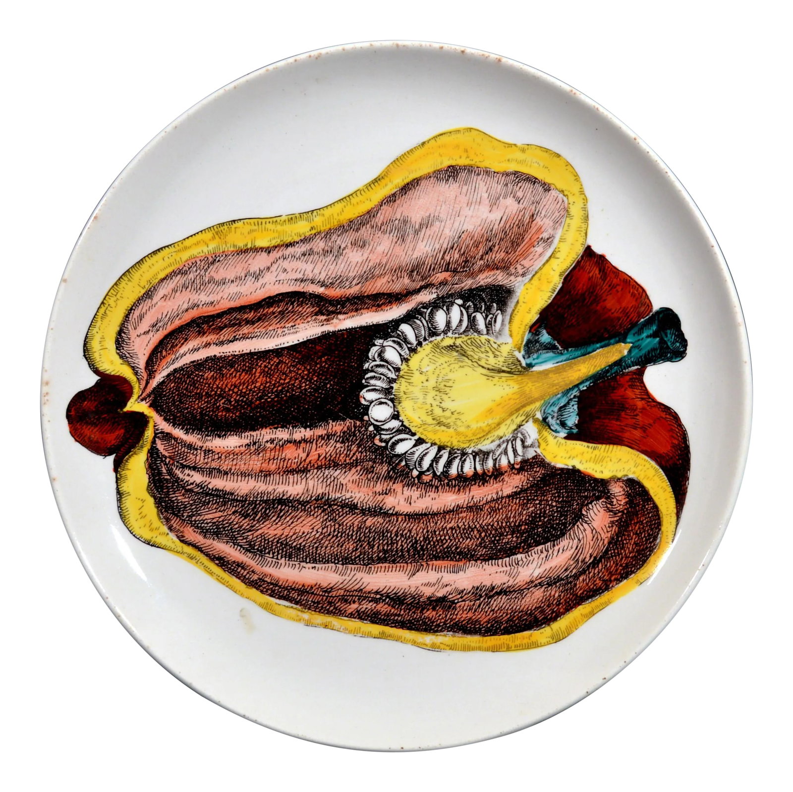 Piero Fornasetti Pottery Plate, Sezioni Di Frutta, #6, Depicting a Pepper: Piero Fornasetti Pottery Plate, Sezioni Di Frutta, #6, 1960s. ( /amr) The Piero Fornasetti Pottery Plate depicts a cut red pepper from the Sezioni Di Frutta series. Mark: Hand and brush over FORNASETT