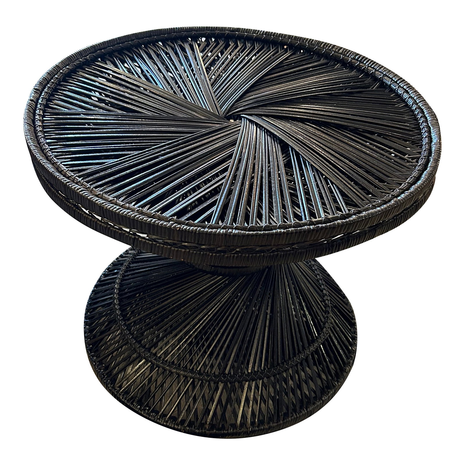 Black Painted Rattan Round Side Table: Stylish painted black rattan hourglass shaped side table in the style of McGuire. Condition: Alterations: Original Condition Unaltered Imperfections: Some Imperfections Condition Notes: Good condition