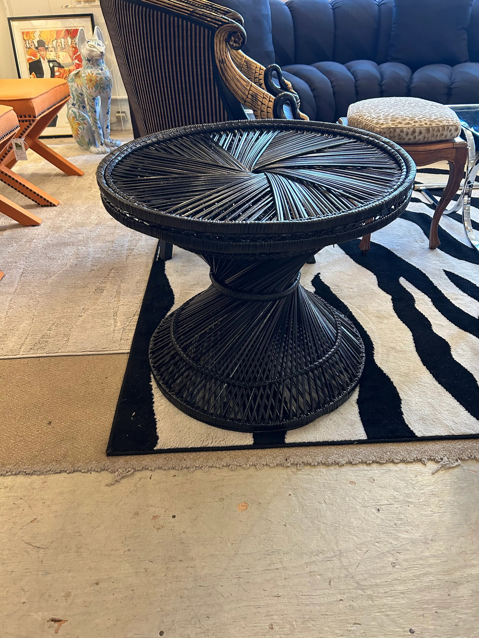 Black Painted Rattan Round Side Table - 2