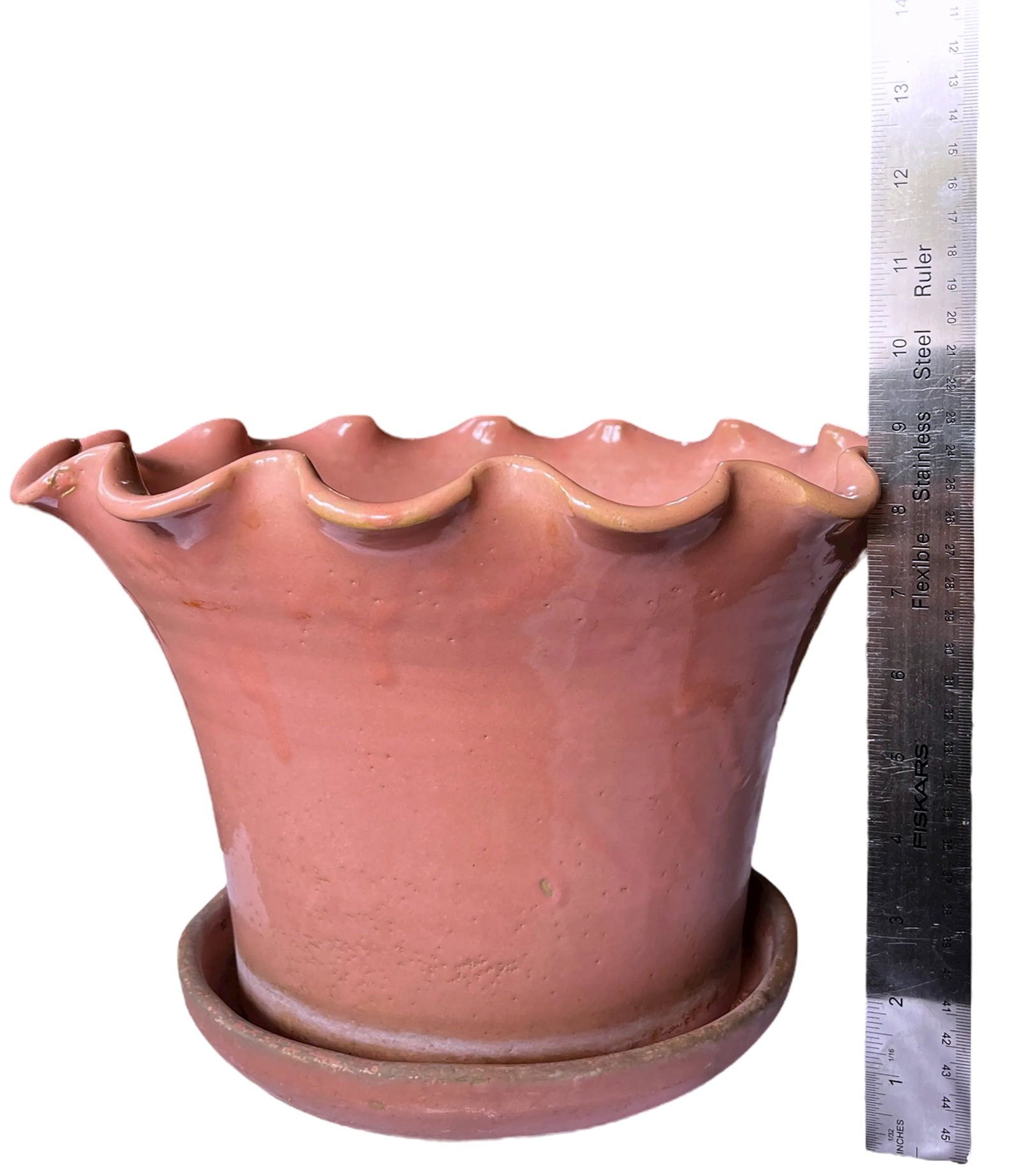 Early 20th Century Large Antique French Hand Thrown Earthenware Scalloped Pink Glazed Planters With - 11