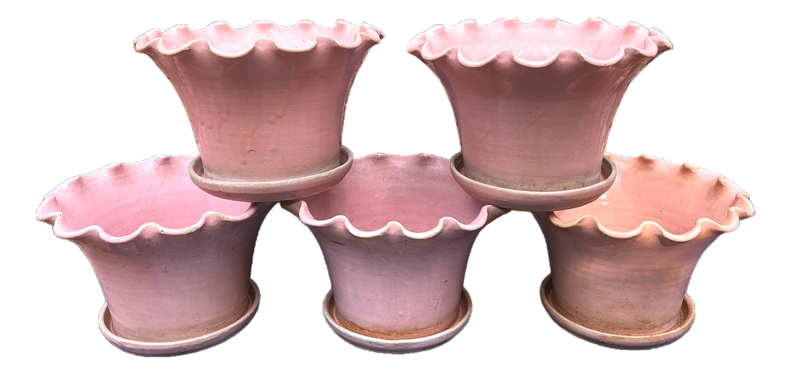 Early 20th Century Large Antique French Hand Thrown Earthenware Scalloped Pink Glazed Planters With: Set of Five handmade earthenware planters from Cannes, France featuring a wide, dramatic scalloped and ruffled rim and glossy pink glaze. Measuring an impressive 8.5" tall and 13" in diameter, they