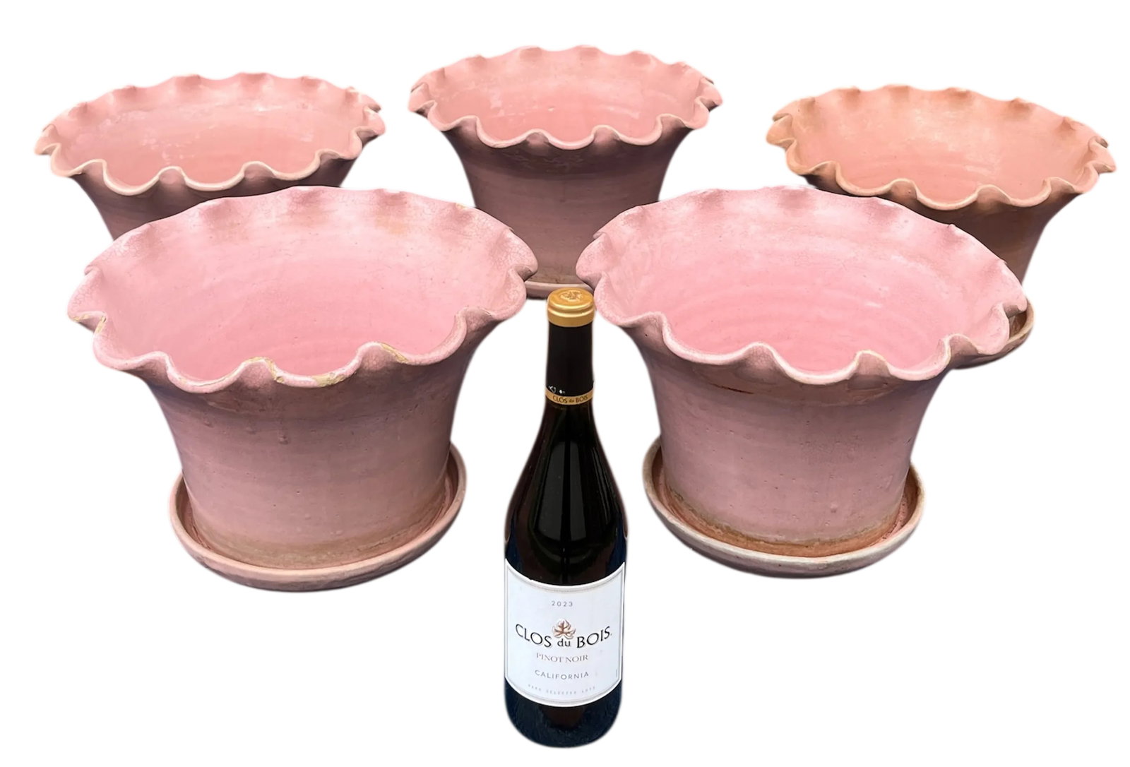Early 20th Century Large Antique French Hand Thrown Earthenware Scalloped Pink Glazed Planters With - 2