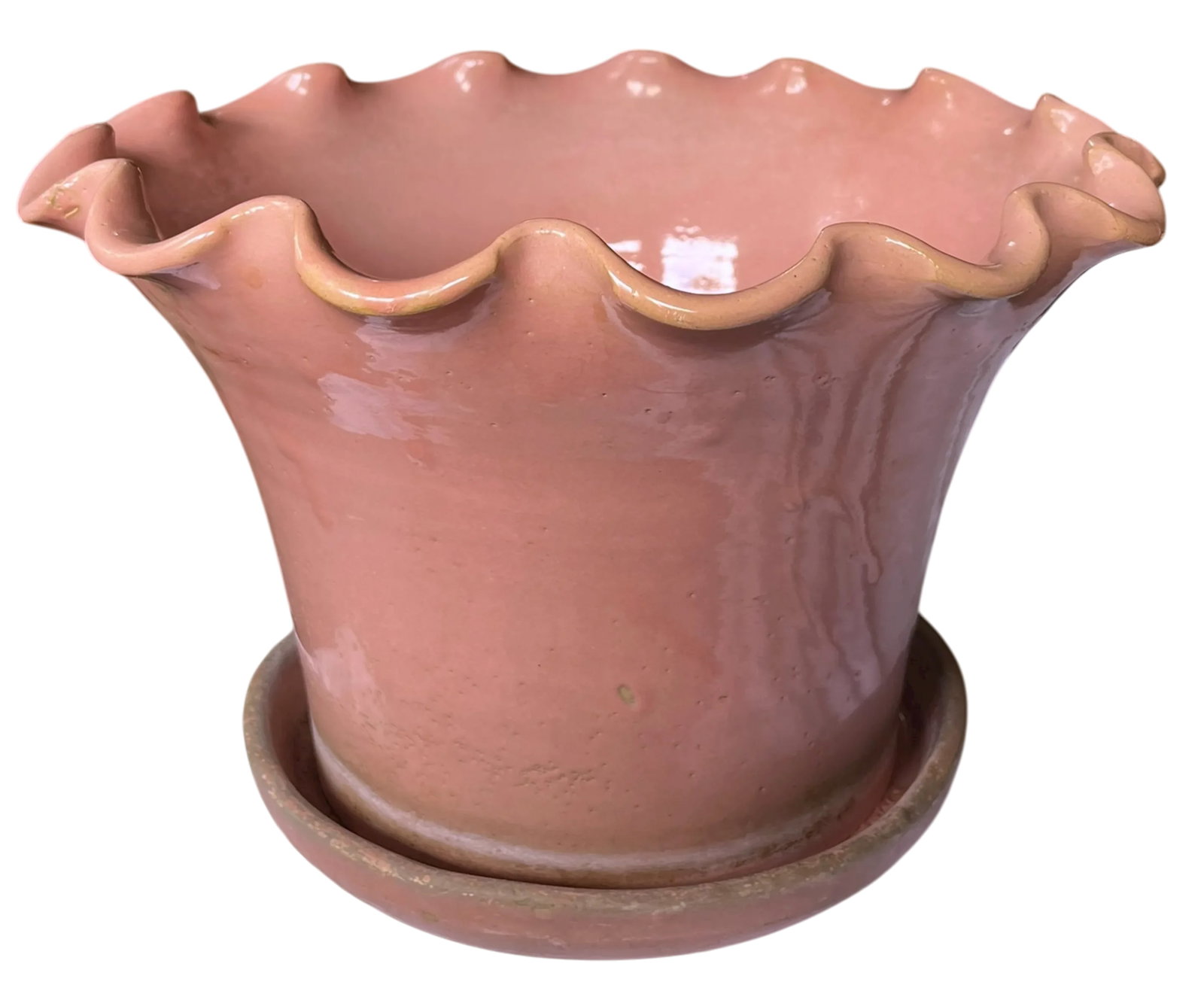 Early 20th Century Large Antique French Hand Thrown Earthenware Scalloped Pink Glazed Planters With - 4