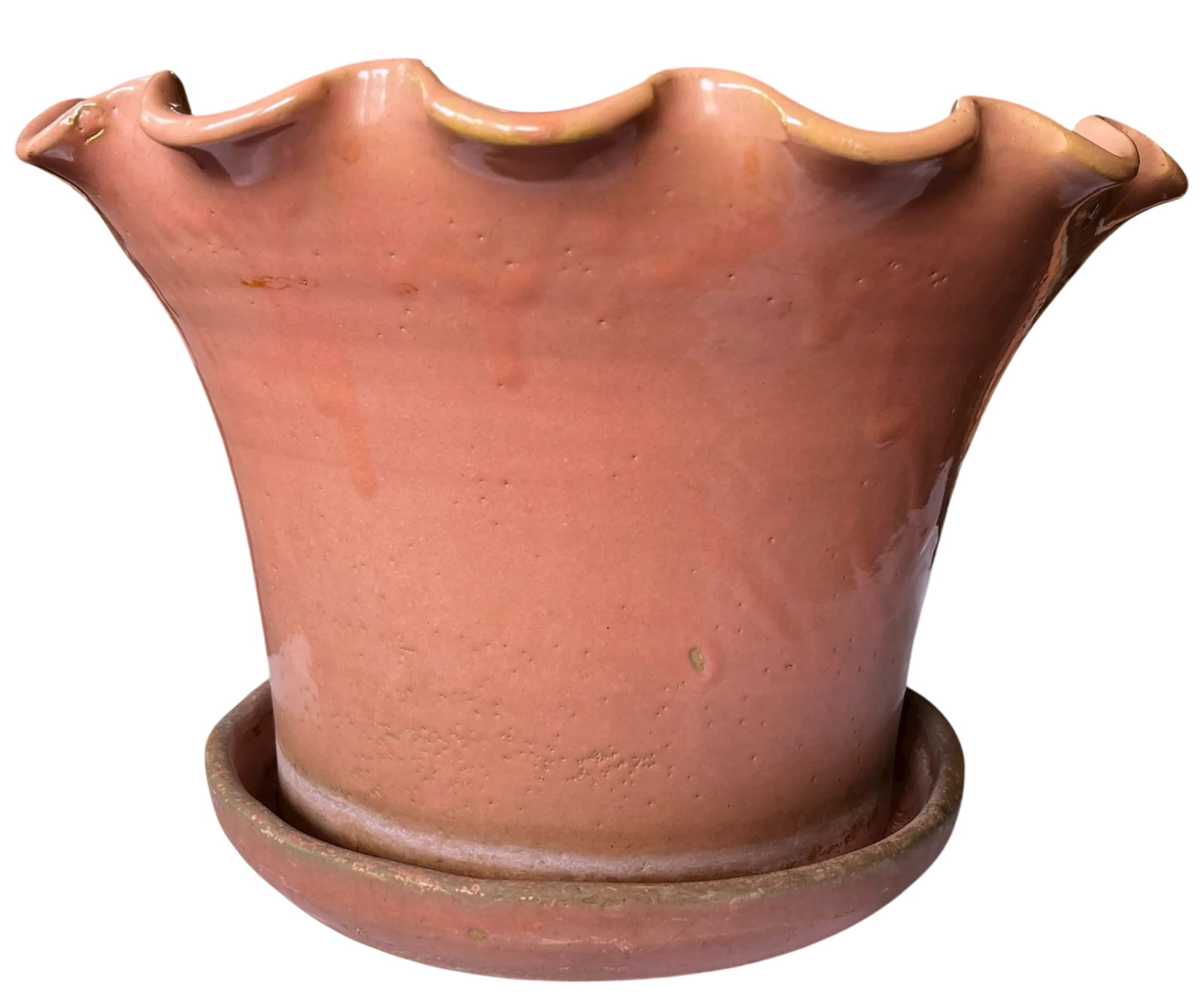 Early 20th Century Large Antique French Hand Thrown Earthenware Scalloped Pink Glazed Planters With - 5