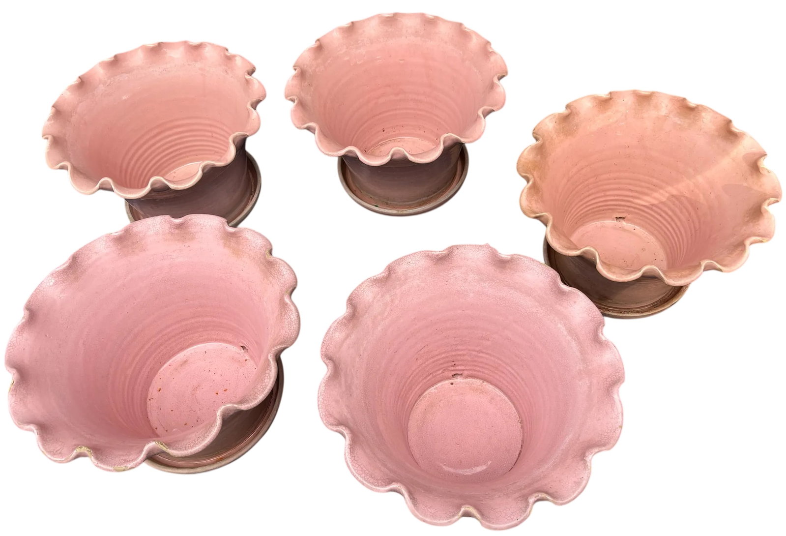 Early 20th Century Large Antique French Hand Thrown Earthenware Scalloped Pink Glazed Planters With - 9