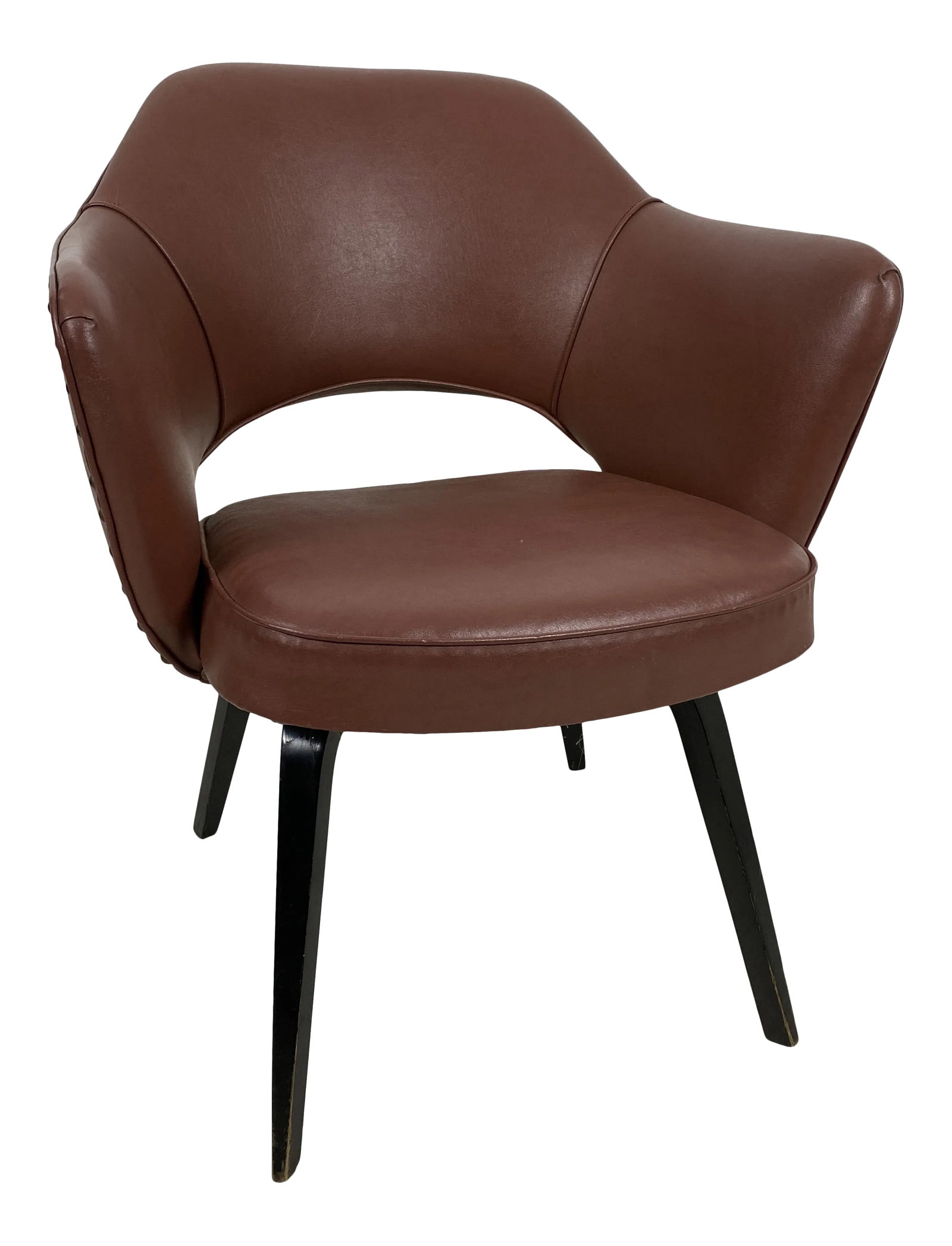 1960s Vintage Eero Saarinen for Knoll Style Vinyl Arm Chair: A Vintage Early Eero Saarinen for Knoll Vinyl Arm Chair w/Black Legs 1960's. A vinyl upholstered Arm chair with Black painted laminated wood legs. Unmarked. the nails that would have held a paper