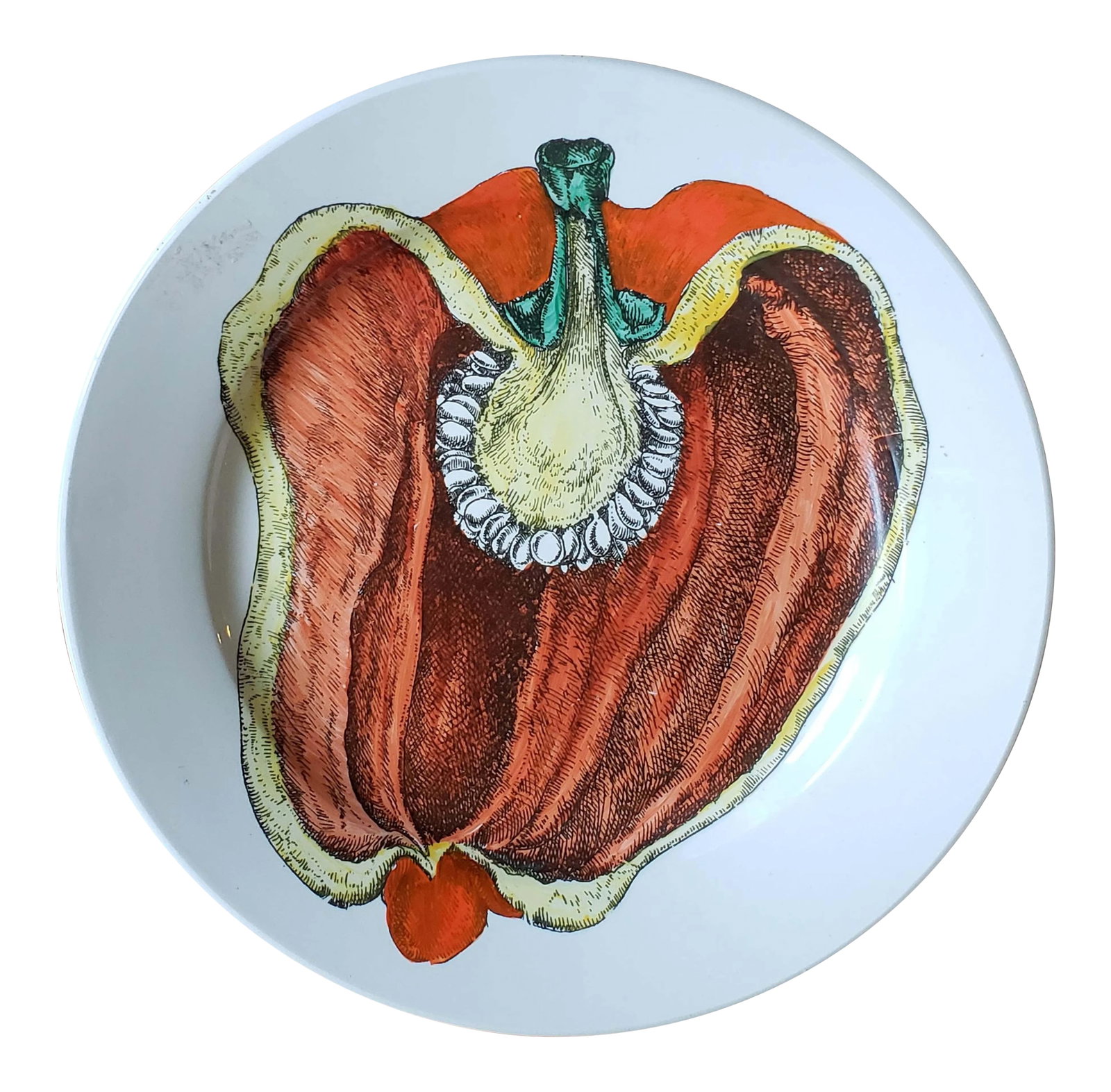 Piero Fornasetti Cut Fruit Pottery Plate, Sezioni Di Frutta Series, Peperone: Piero Fornasetti Cut Fruit Pottery Plate, Peperone, Sezioni Di Frutta Series, Dated 1953. (Ref:) This is a fantastic series with split vegetables and fruits depicted in rich colour and detail
