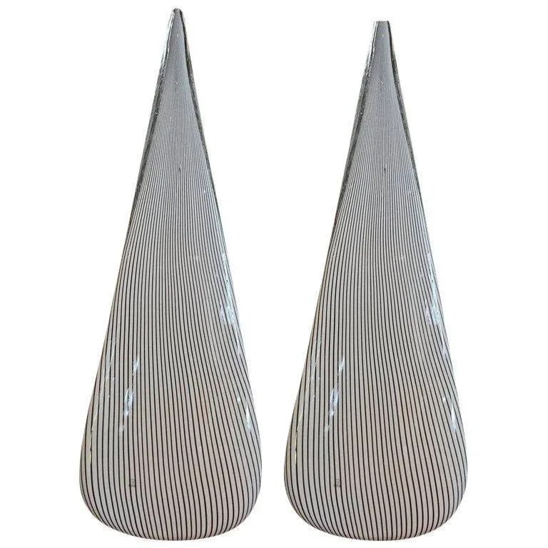 1970's Black and White Pin Stripe Murano Glass Lamps by Vetri-A Pair - 10